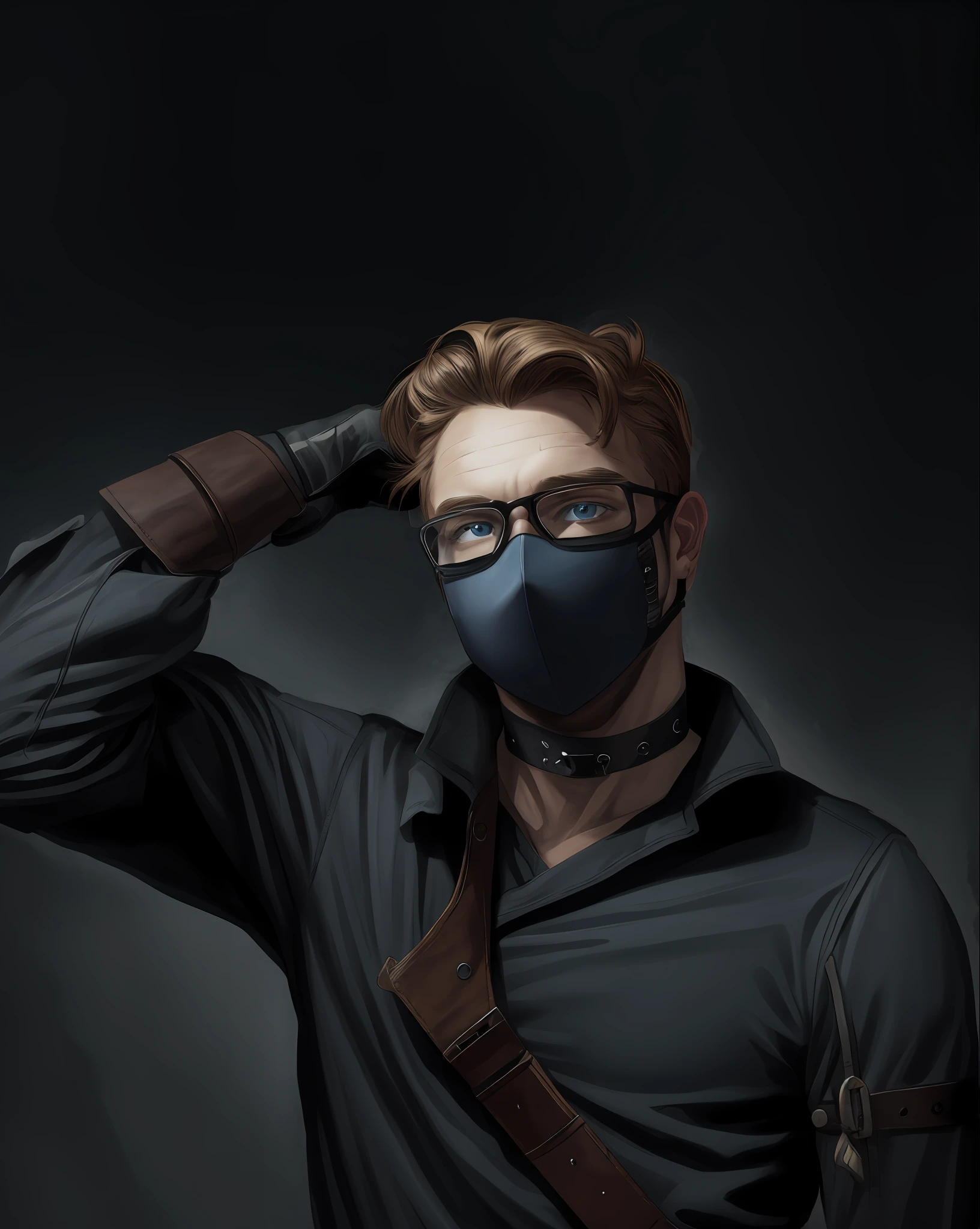 Young male, choker, gloves, glasses, cute,facemask , blue eyes, collar, pierced, covered face, hd, super detailed, 4k, artistic