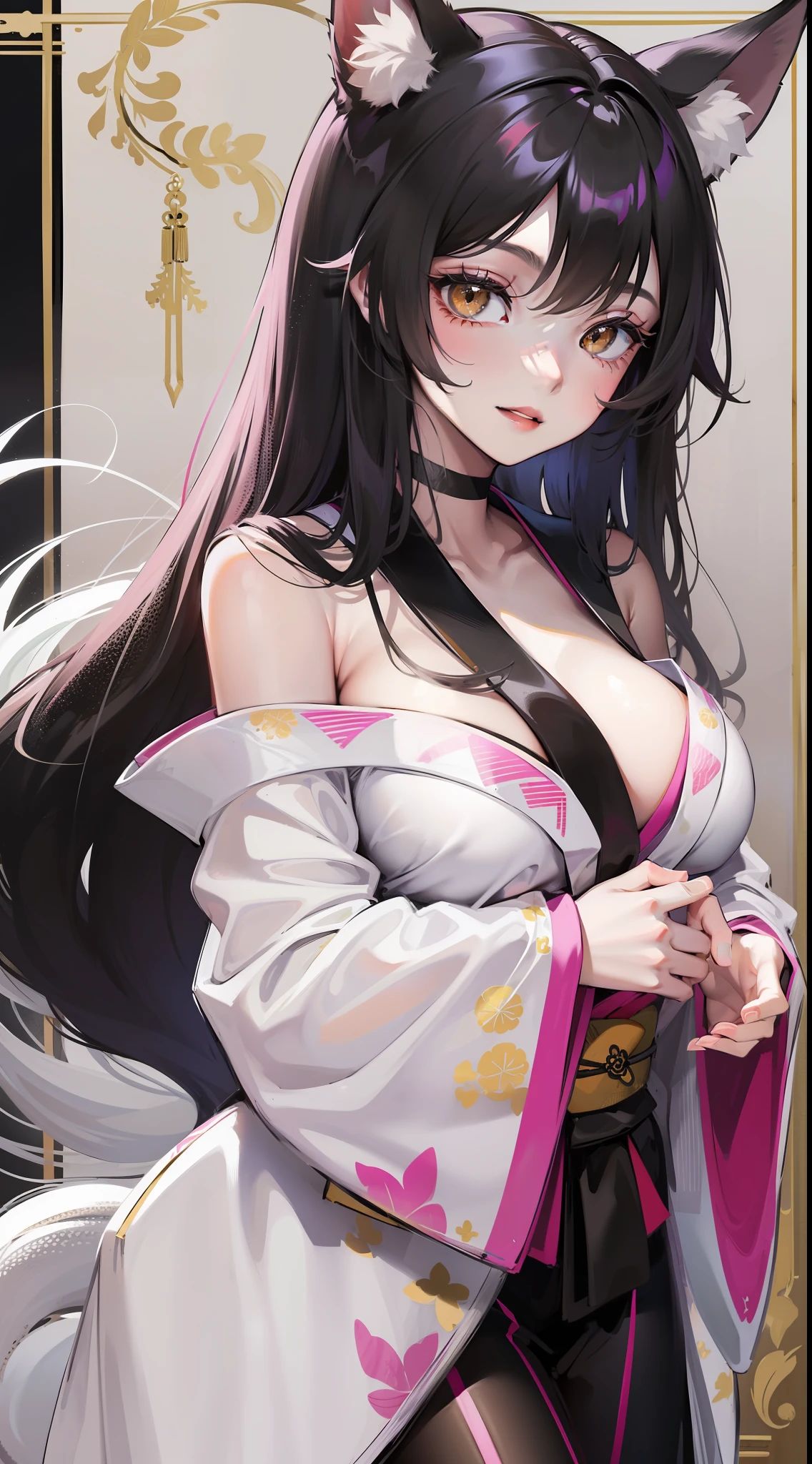 young girl, Long black hair with light pink ends, white fox ears, White fox tails, golden eyes, Thick kimono, open shoulders, open breasts, ssmile, Masterpiece, hiquality