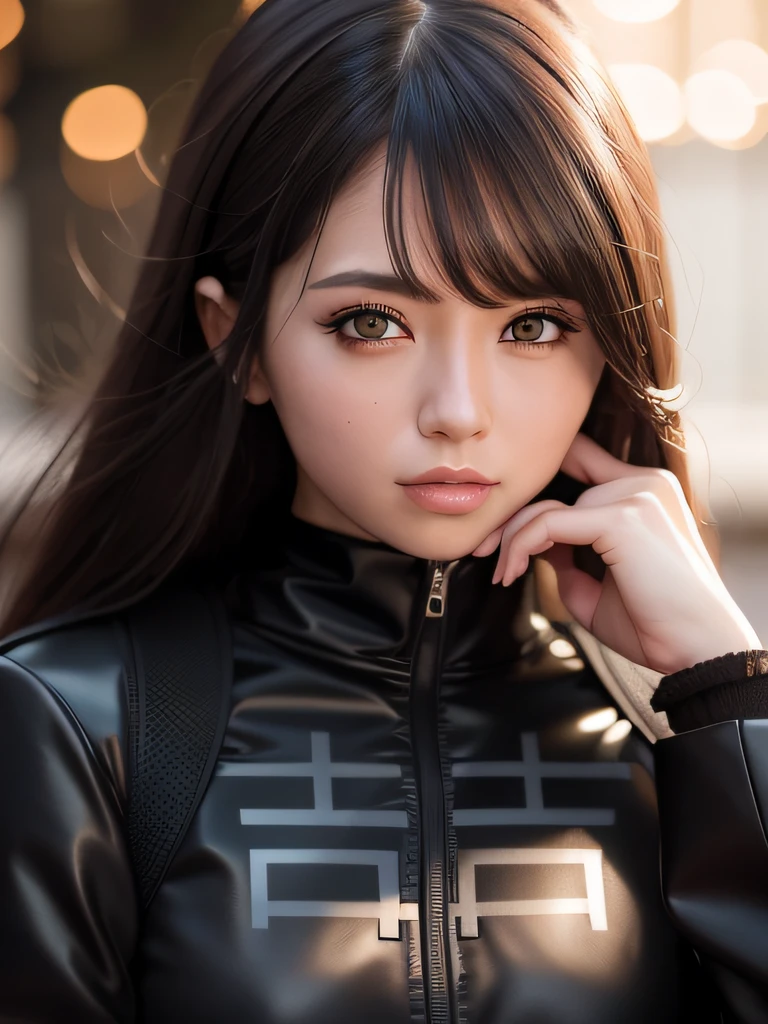 Arad woman poses for a photo in a black jacket, Soft portrait shot 8 K, Rendu portrait 8k, Guviz-style artwork, 8K Artgerm bokeh, photorealistic anime girl rendering, hyper realistic anime, chengwei pan on artstation, Photorealistic anime, 🤤 girl portrait, a beautiful anime portrait, Realistic young anime girl
