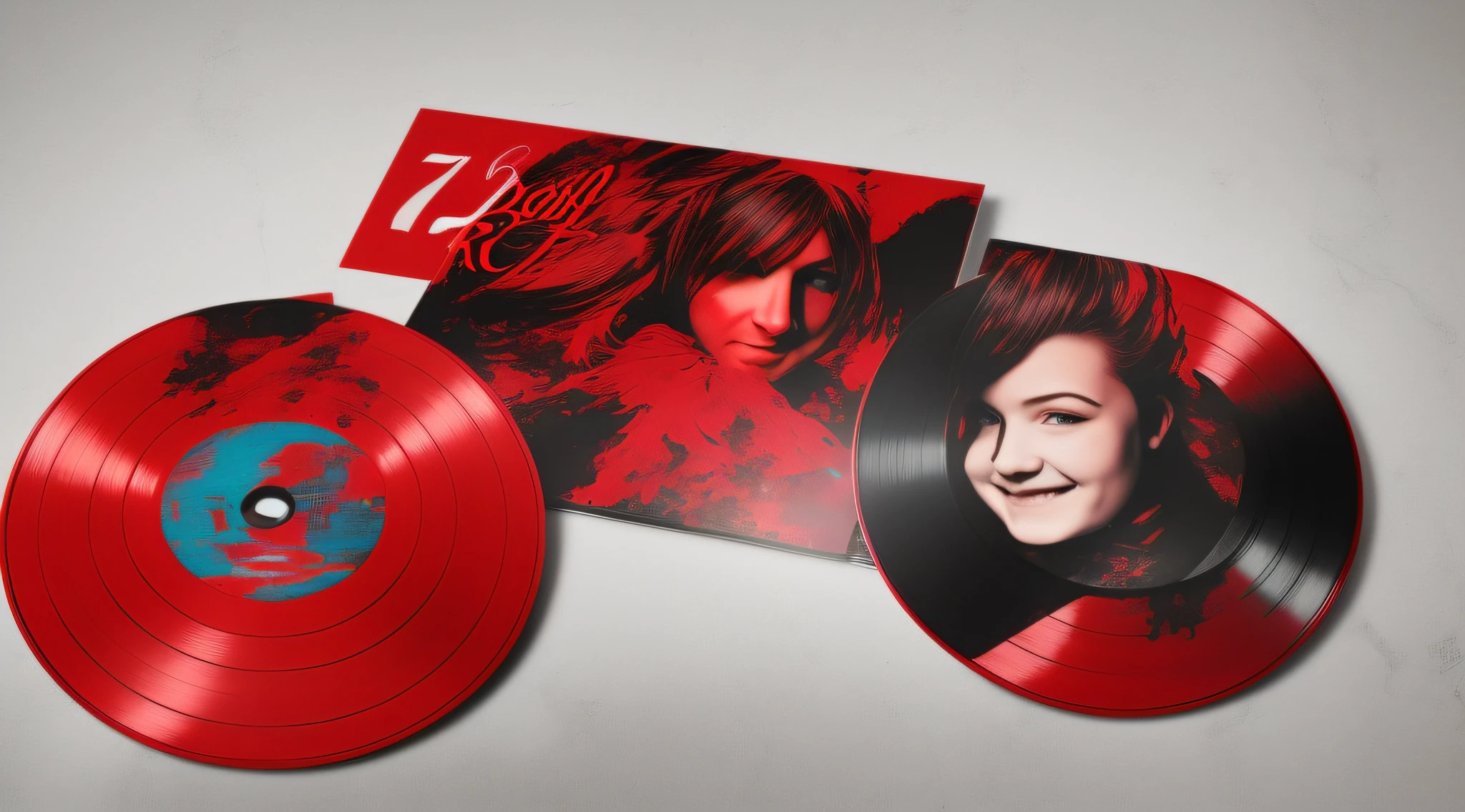 A red vinyl record with face of a blonde child girl long hair, with red mist and a huge smile, FFFF, with red mist, alternative album cover, new album cover, promotional art, human face with bright red yes, unknown, monochrome and red bleed color, soft vinyl, ello