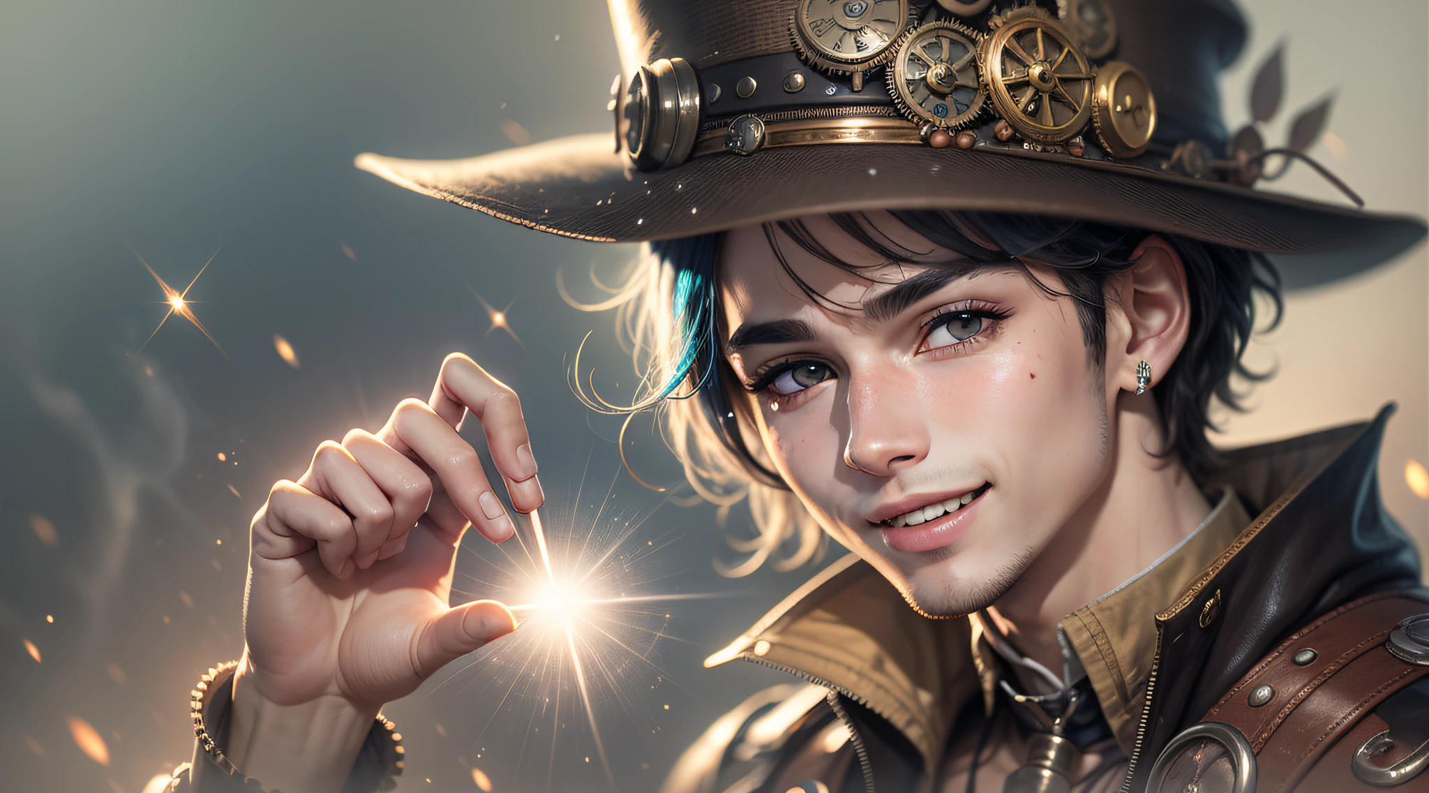 boy , rir, muito feliz, sorriso, Steampunk, olhos azuis, hero, glitter, brilhos coloridos, Uso efetivo da luz de sombra,
