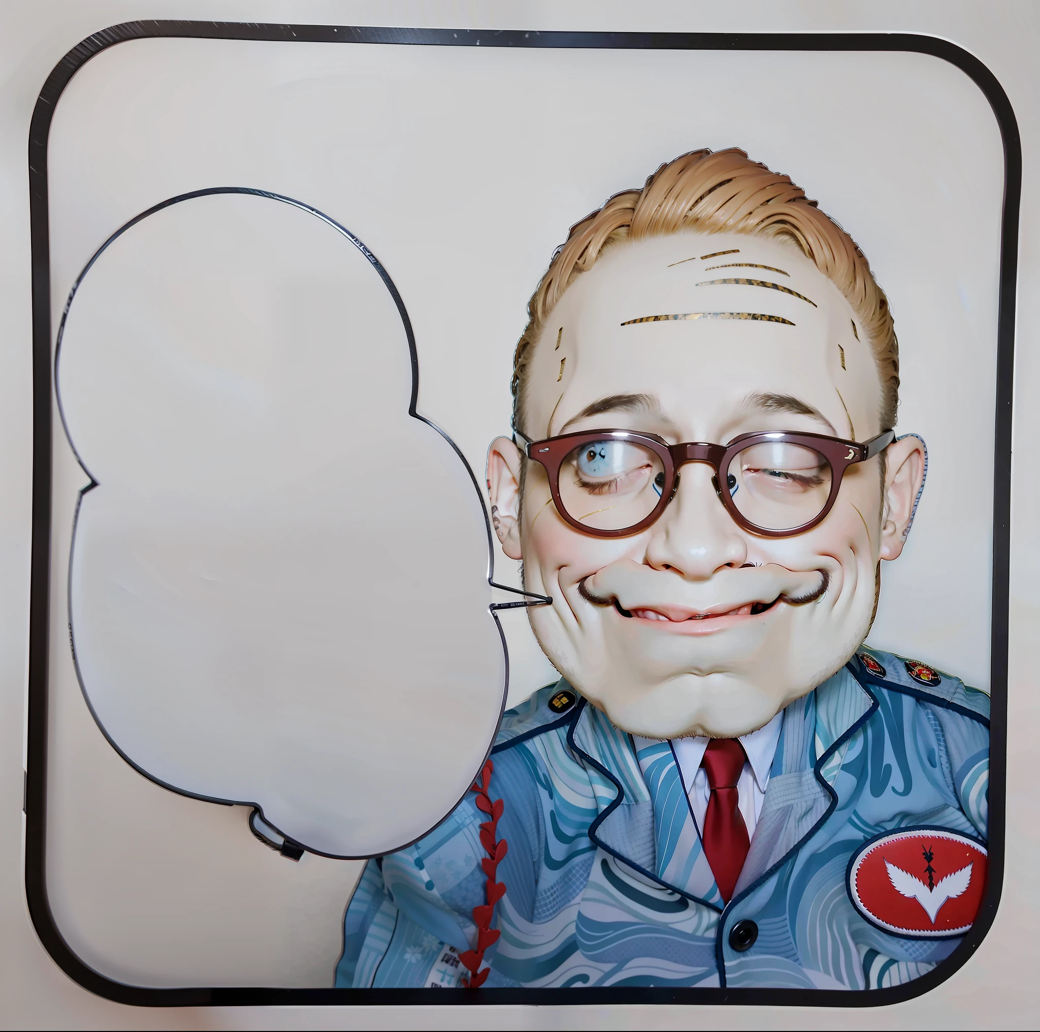 de pele branca、Brown hair、wide forehead、Corrugated mouth、Black tabby glasses、Black eyes、Dark blue uniform、Red V-shaped patch on left chest、red necktie、Depiction of realistic people、Japan man's face