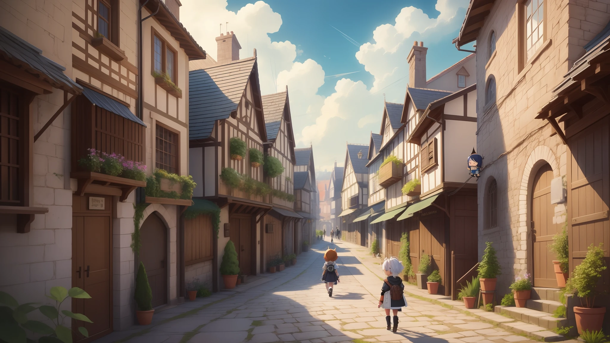 chibi characters in the style of Yuuichi Nomura. Medieval city, people seen from the back, walking in ancient clothes, chibi characters, detailed image in 8k high resolution, chibi drawing