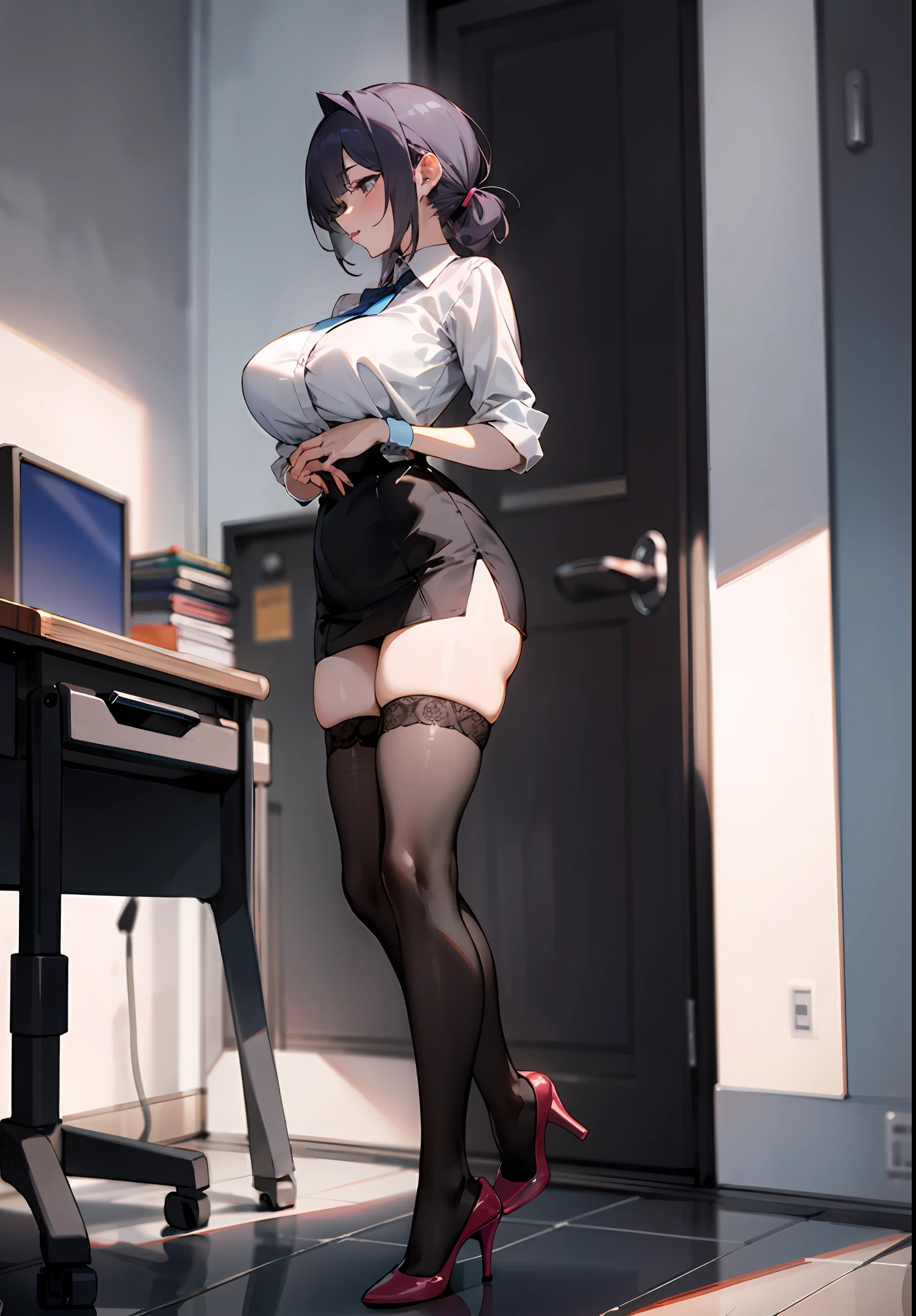 Beautiful sexy secretary full body photo in transparent miniskirt and seam stockings,Exposed big breasts,stands_straight, ((solo)), adult, in the office, high heels, craves, strokes_herself