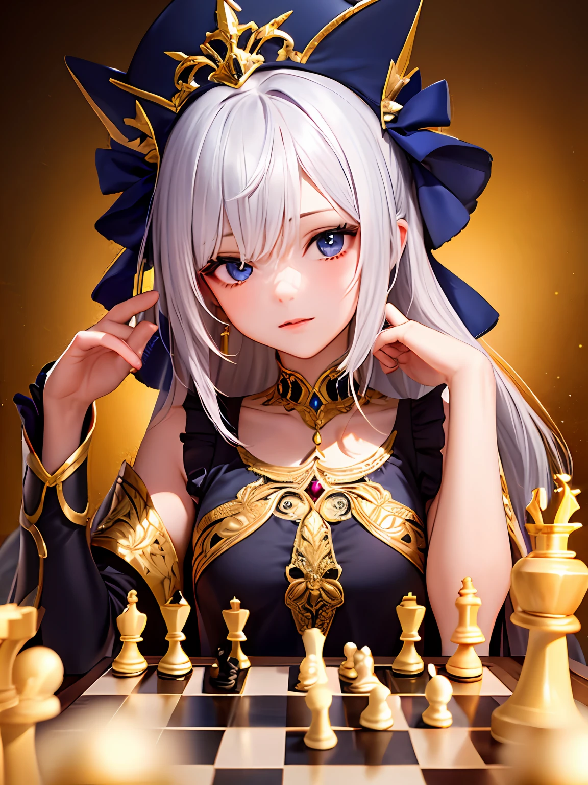 a girl playing (chess:1.2), intricate epic, magic aura,  concept art, mana sparkle background, portrait, queen