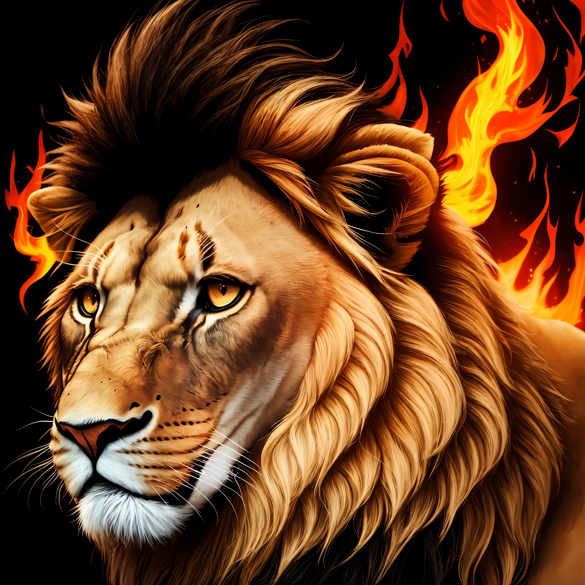 A lion's head as realistic as possible and, With the black background the lion has to have red eyes, and a red flame behind his head. E prefiro o formato de desenho. --auto