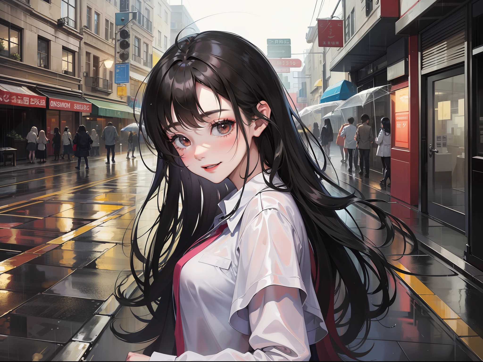 A girl with long black hair collapsed on a rainy street,It was raining heavily in the sky, I looked happy