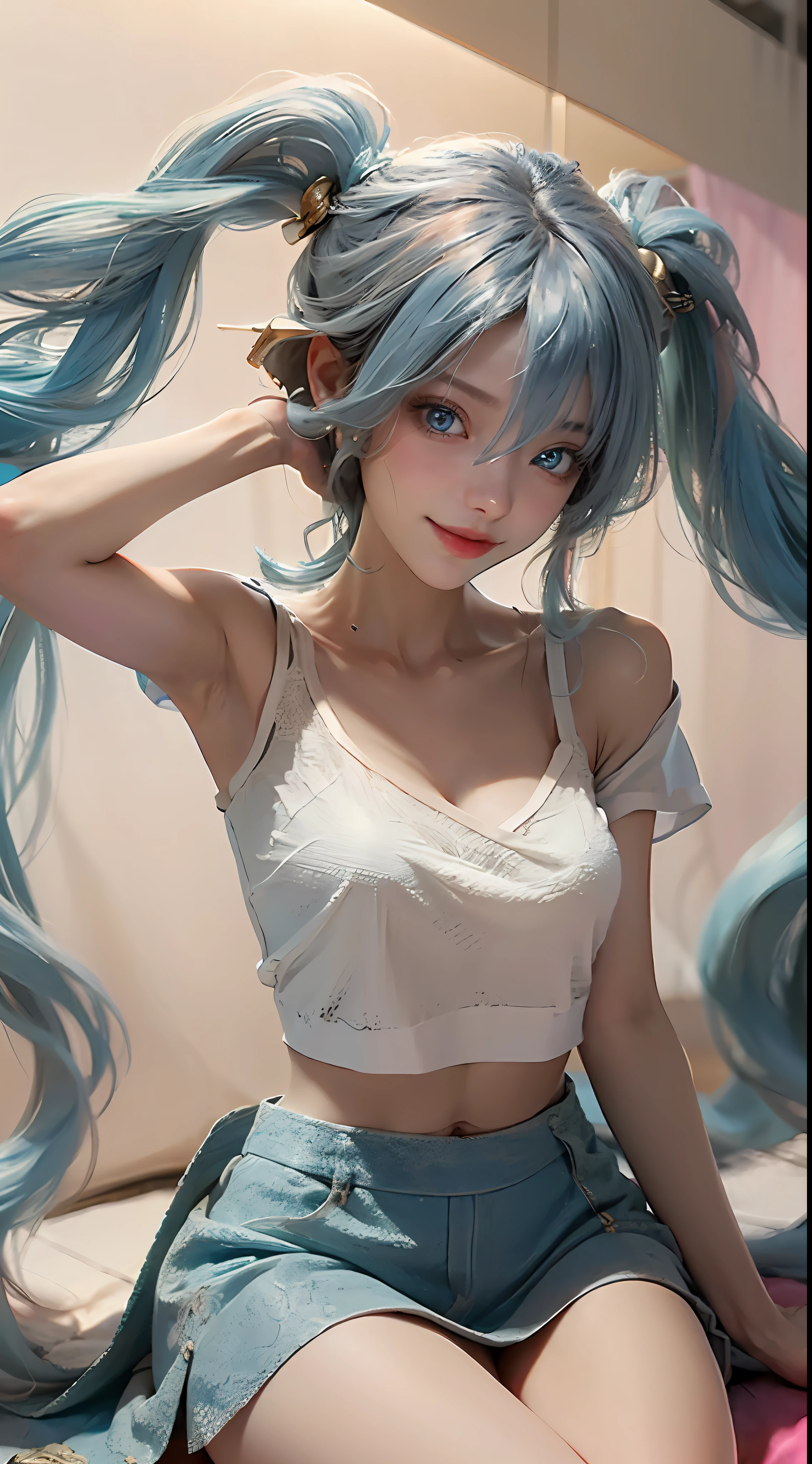 1girl in, Twin-tailed, hair adornments, Hair above one eye, blue eyess, Silvery hair, Golden mesh, no background, white t-shirts, Crescent, lake, pleatedskirt, length hair, bangss, Pink Nails, White teeth, Most Beautiful Form of Chaos, elegent, Brutalist design, vivd colour, romanticism, Atmosphere, (Raw photography, top-quality), (realisitic, Photorealsitic:1.3), masterpiece, extremely delicate and beautiful, Very detailed and