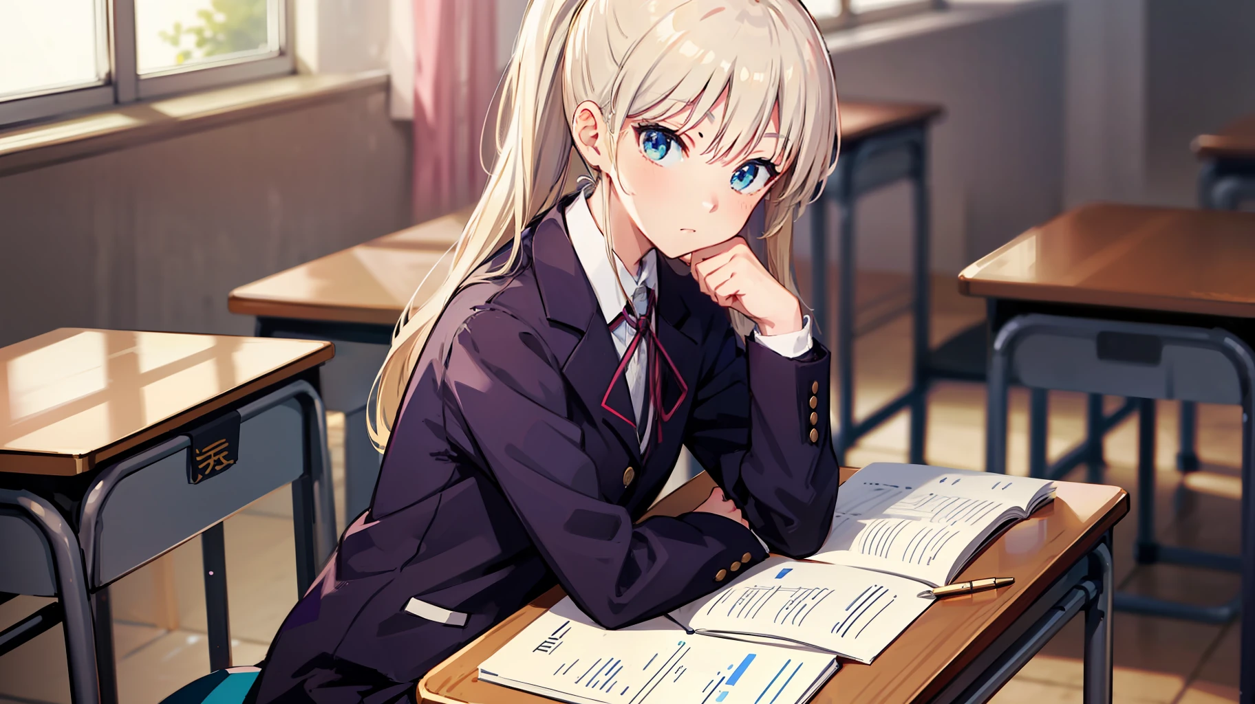 a blonde hair,High ponytail,long whitr hair,Japanese schoolgirl uniform,Upper body body,shyexpression,In the classroom,sitting on a stool,Side view,looks into camera,Ballpoint pen in hand,There are exercise books on the table,one-girl,blue color eyes
