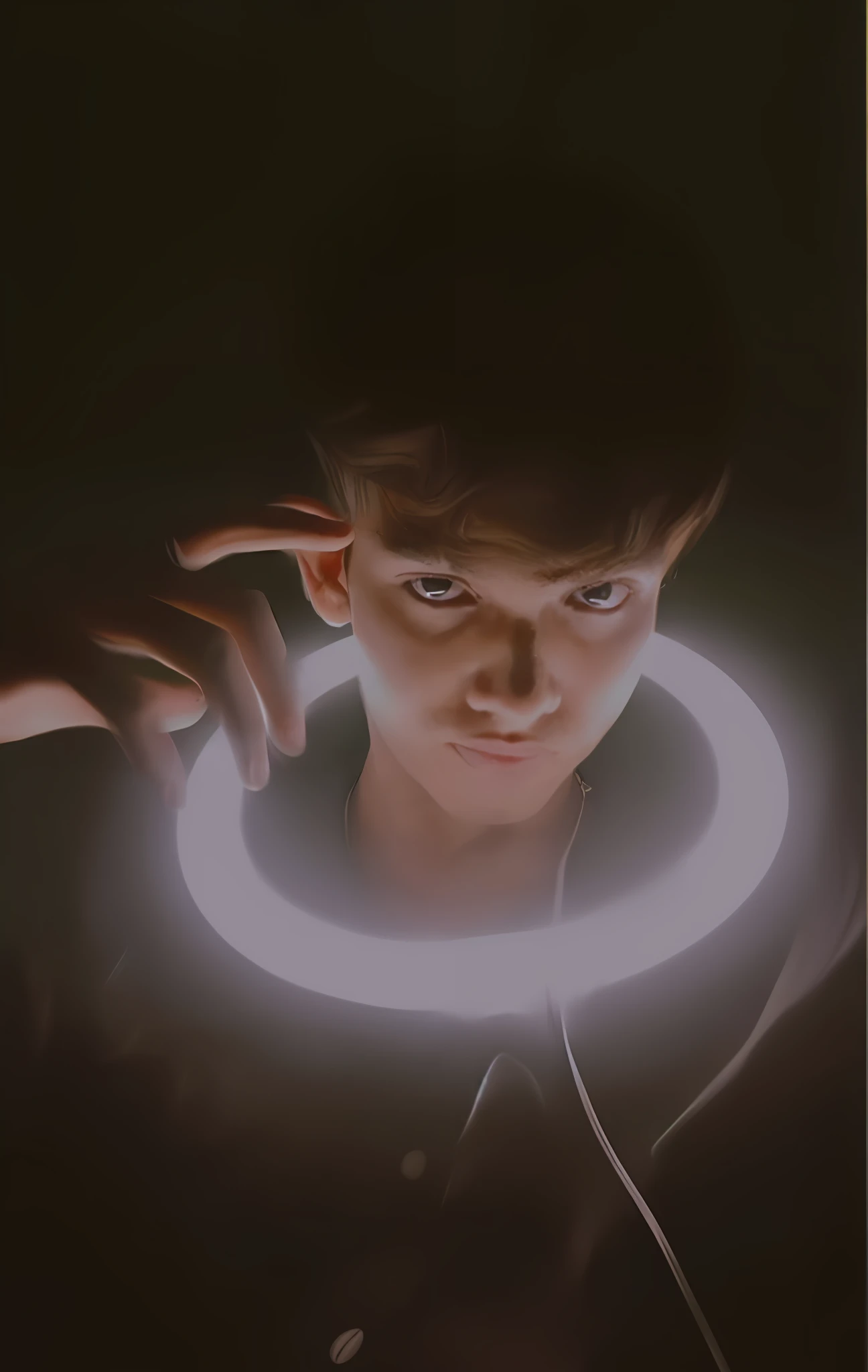 arafed image of a man holding a glowing ring in his hand, ringflash lighting, ringflash, ring light, glowing halo above his head, portrait top light, phone wallpaper, he is casting a lighting spell, ring lighting, male with halo, high quality portrait, digital artist, photo portrait, ring - flash, enigmatic!!, light looping.cute. reality face. Background planet light