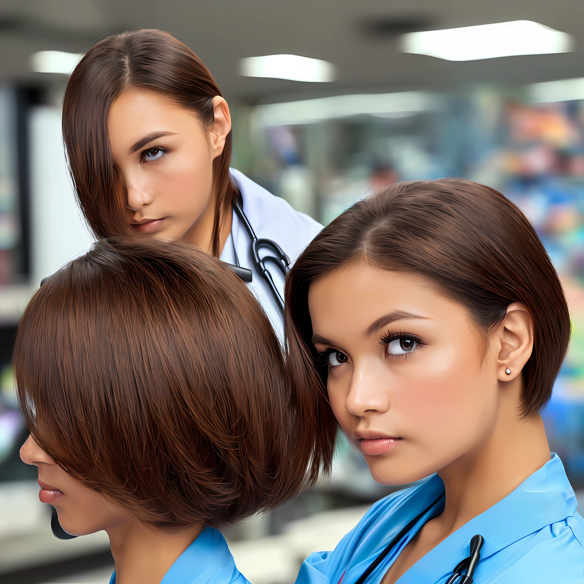 (Supermarket: 1), Afternoon, Doctor Gown, Light Brown Fringe Short Hair, Light Brown Eyes, 1 Girl, Innocent, (Photorealistic), (Intricate Detail: 1.2), (Masterpiece, : 1.3), (Best Quality: 1.4), (Ultra High Definition: 1.2), Ultra High Definition, (Detailed Eyes), (Detailed Facial Features), HDR, 8k Resolution, ( Lens flare: 0.7), looking back, busy with inspection report, face biwer, DRSHE --auto