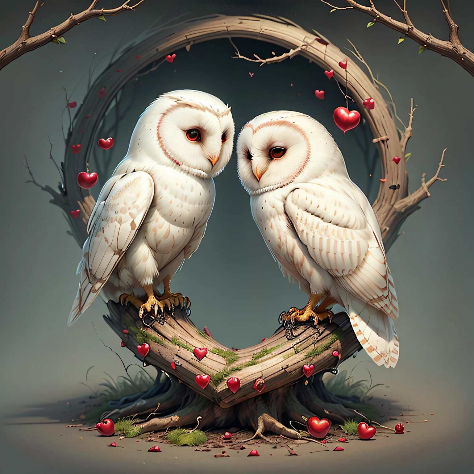 illustration of a white barn owl sitting on a tree branch, holding a red heart in its talons. The owl has large, dark eyes and a heart-shaped face. The background of the image is a black. The design is simple and elegant, and the owl's expression is one of love and compassion. The heart in the owl's talons could represent love, friendship, or romance --auto