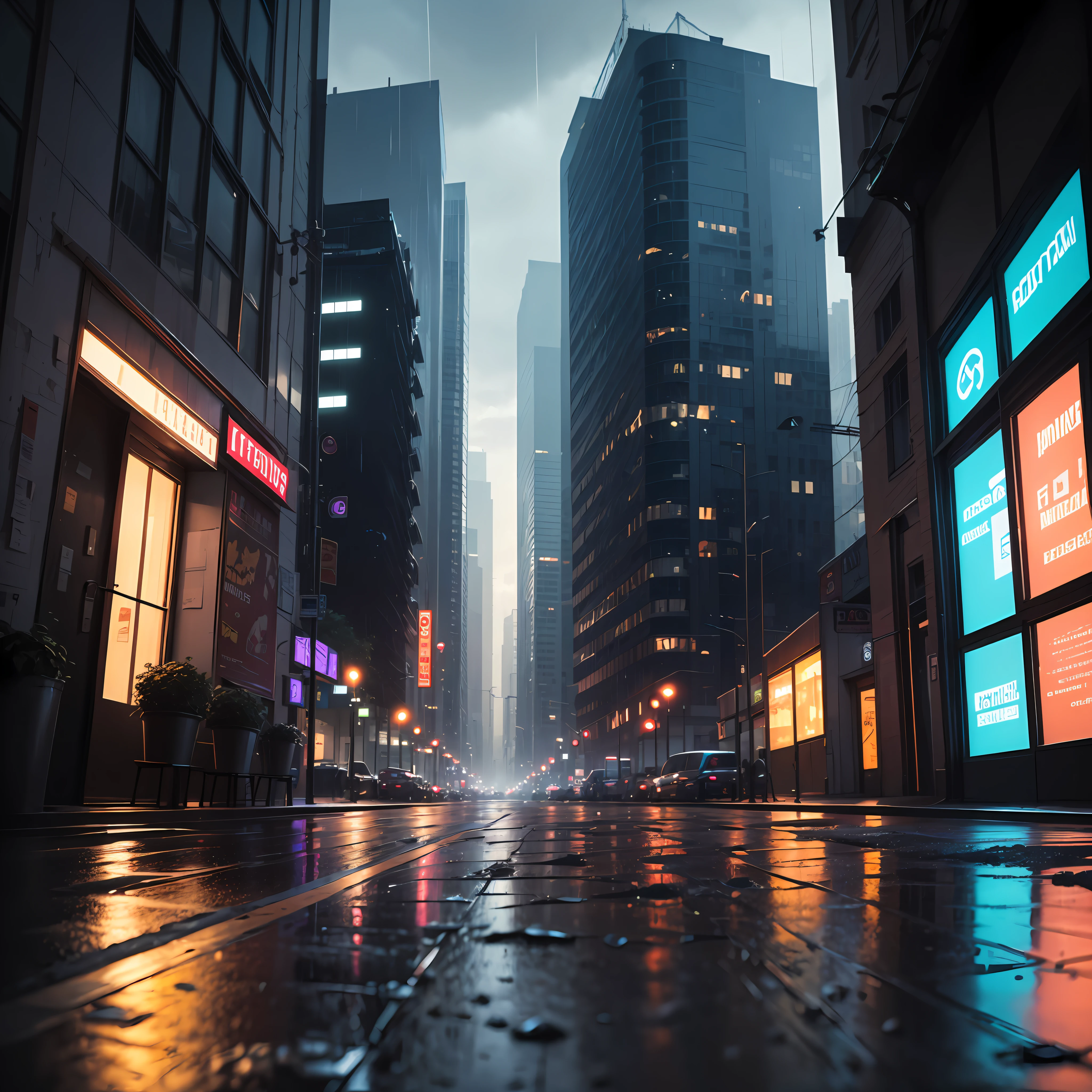 Sateen,hazed out,overcast day,rained,Cyberpunk-city,natta,The building is glowing,Ground reflection --auto