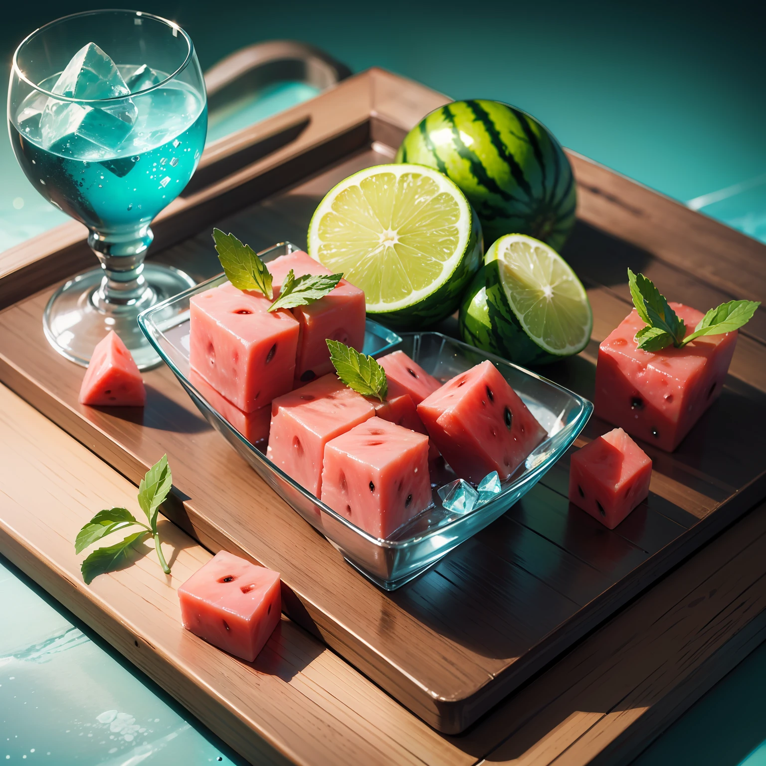 A glass of soda, frozen, frozen effect, on a wooden tray with pieces of watermelon, with mint leaves, cut small turquoise greens, with ice cubes, a few scattered ice cubes on a wooden board, super realistic Food pictures, full theme shown in photos,, Randy Post, hyper realistic ", hyper realistic", high res photo