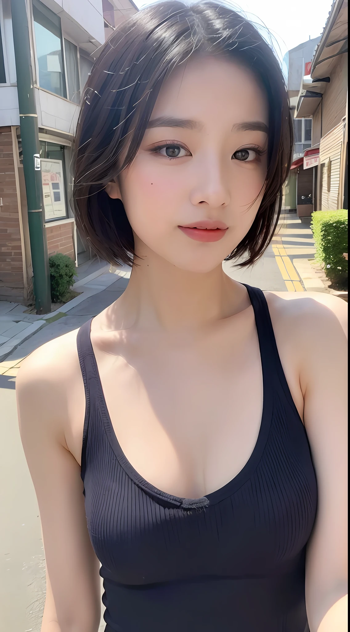 ((Best quality, 8K, Masterpiece :1.3)), Sharp focus :1.2, perfect figure beautiful woman:1.4, Slim abs:1.2, ((Short hair in layers, mischievous expression:1.2)), (Tank top shirt:1.1 ), (the street:1.2), Highly detailed facial and skin texture, A detailed eye, 二重まぶた