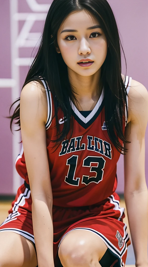 1girl in,basketball,Red uniform, Black_Eyes, Number 10, ball, Jersey, s lips, Shoulder-length hair realistic, 独奏,Basket Goal、