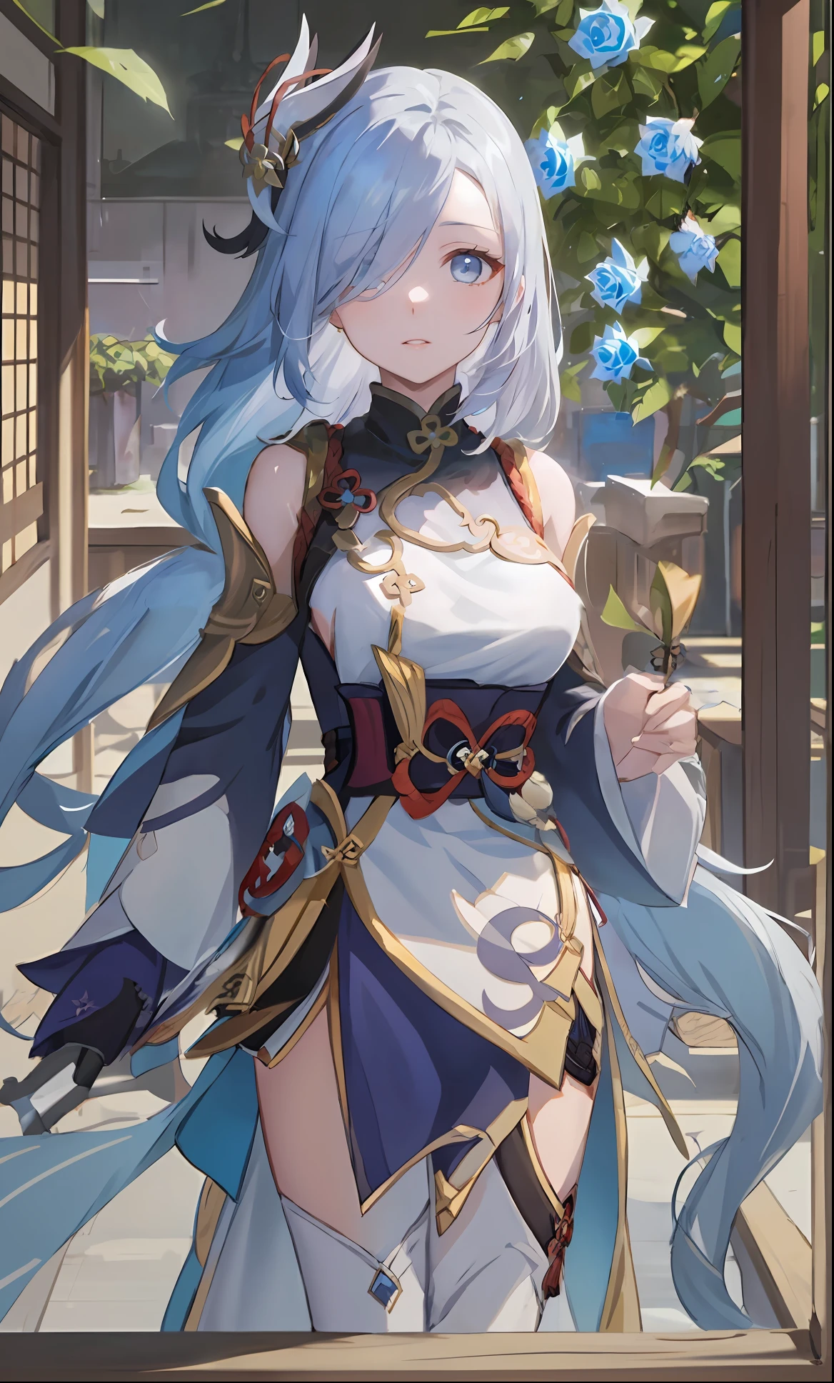 Close-up of a man with blue hair and white dress, Keqing from Genshin Impact, Ayaka Genshin impact, Genshin, Genshin impact's character, Portrait Chevaliers du Zodiaque Fille, zhongli from genshin impact, white-haired god, Kushatt Krenz Key Art Women, ayaka game genshin impact, Genshin Impact