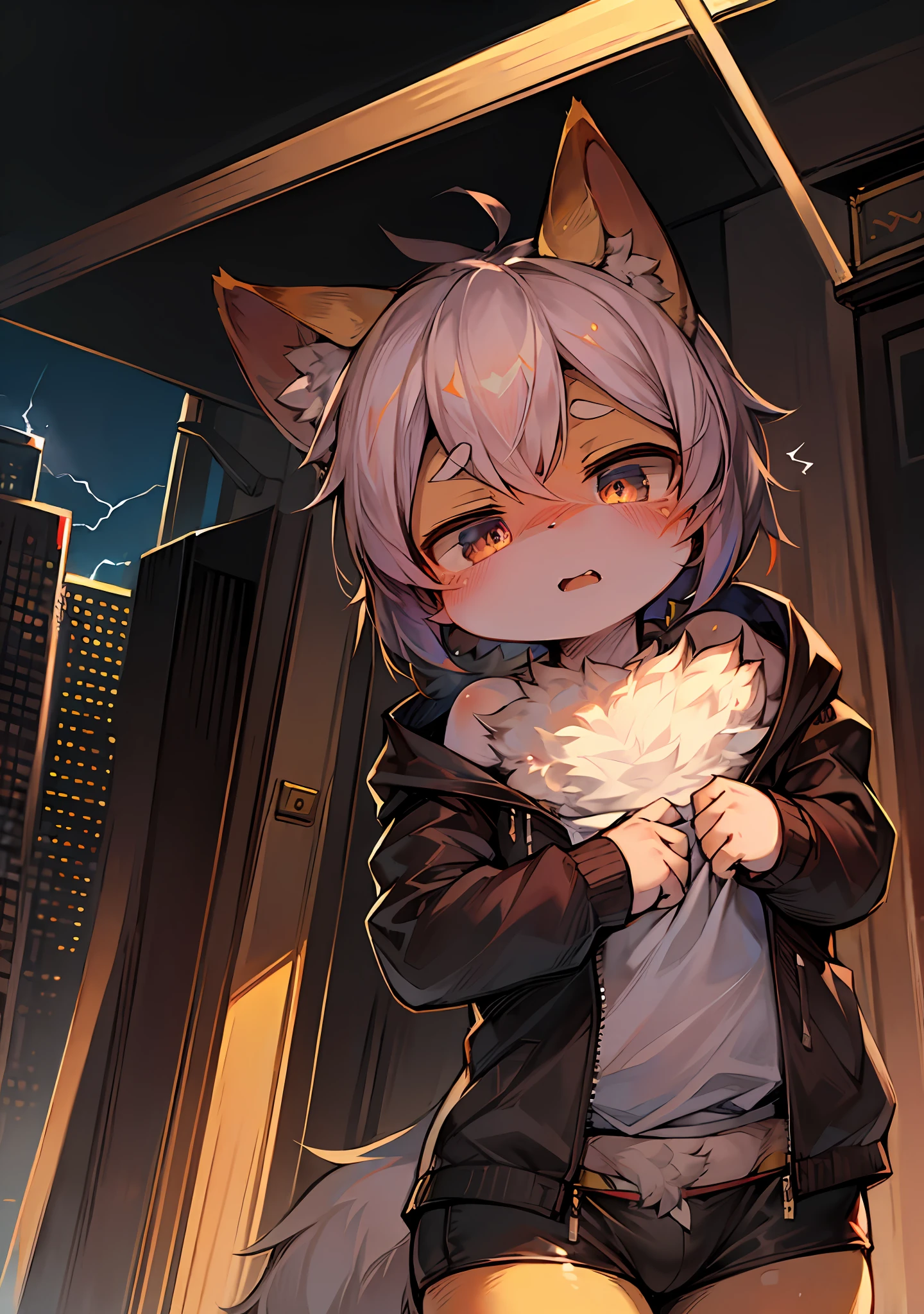 zackary911，author：majmajor，author：syuro，author：dagasi，author：wolfwithwing，author：hanuvo，author：tabhead，author：zinfyu，author：seraziel，（author：dagasi:1.1），BREAK，tmasterpiece，A high resolution，8k，detailedbackground，high qulity，BREAK，（ （catss，baby cats，Yellow fur，a cat tail，fluffly，Delicate fur））furred，BREAK，Modern age city，tall house，dark cloude，salama，BREAK，，male people，thunder，Fundoshi，irate，There is lightning in the eyes，Discharge of，jaket，（Palm lightning，Eyes shoot lightning：1.2）