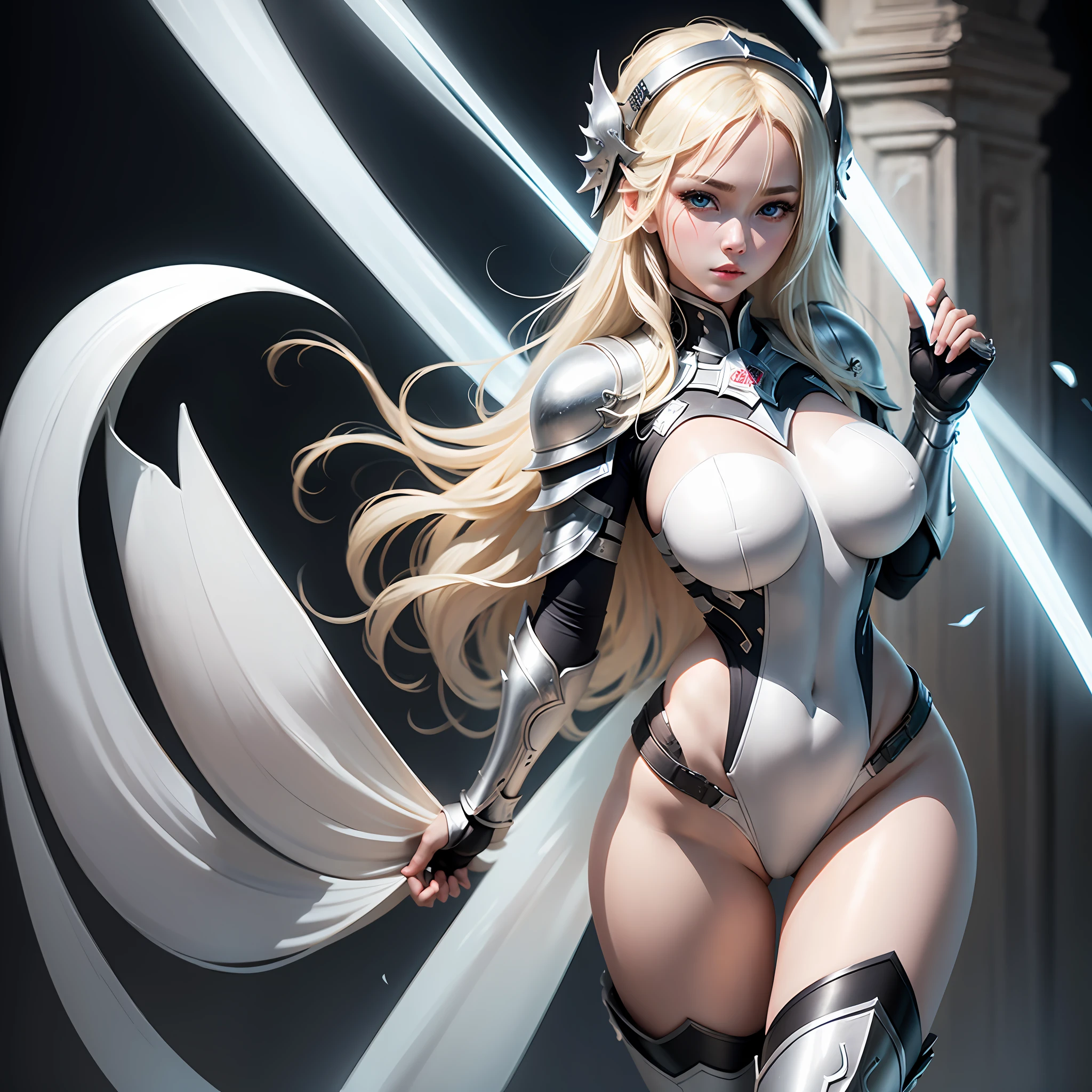 Blonde Beauty、The face is calm、The eyes are gentle eyes、Colossal tits、Wearing silvery-white armor、Transparent background、high-level image quality、Wearing a white helmet、Jet black background、Full body painting、An ultra-high picture quality、Sharpness Max --auto