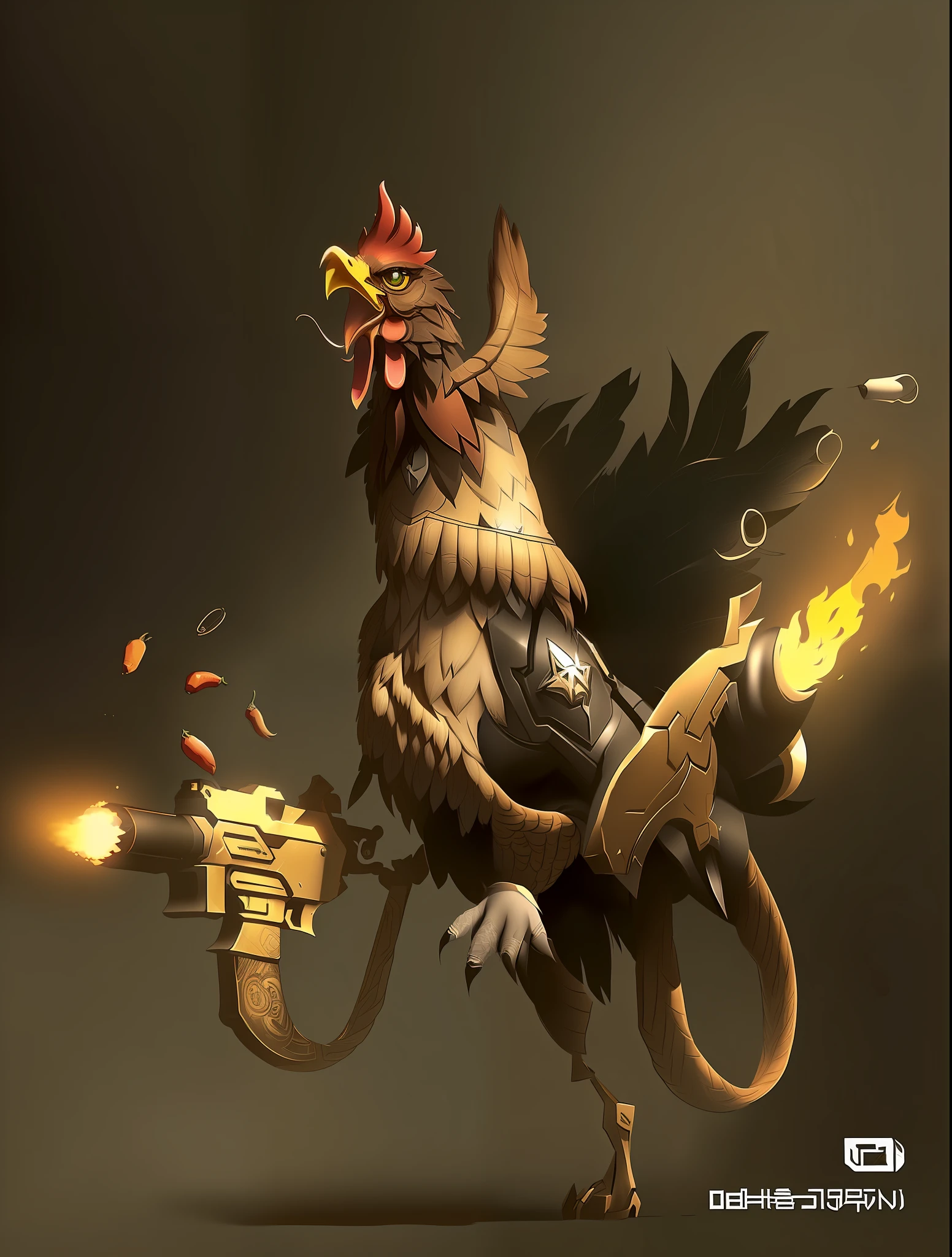 Close-up of a chicken with a gun, A bullet in the shape of a pepper is carried diagonally over the shoulder，video game characters designs, overwatch design, Game character design, video game characters designs, video game character concept, interesting character design, Great character design, concept art design illustration, Highly detailed character design, game character concept art, character concept design, character design concept, high quality character design, Professional character design