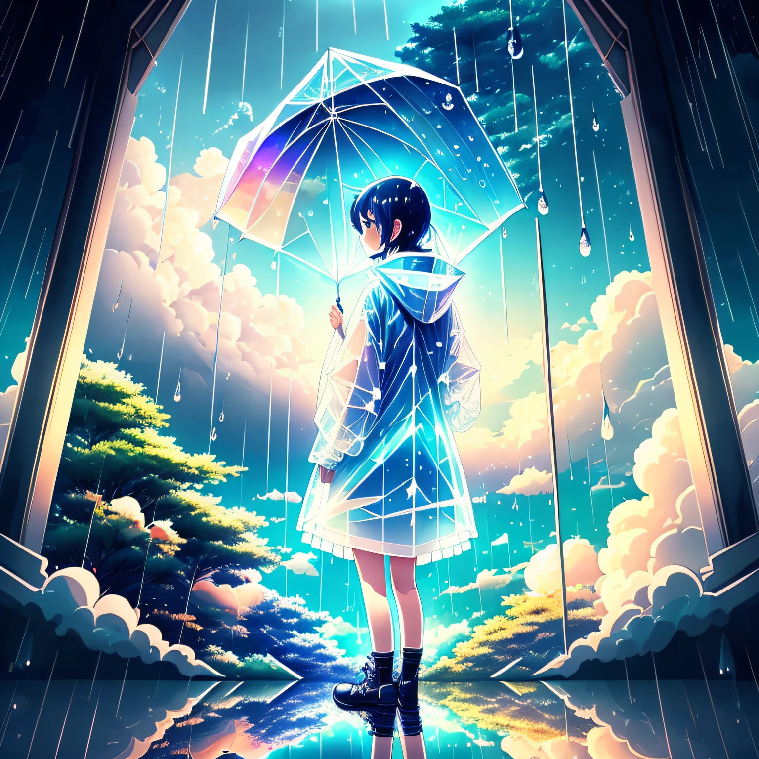 (best quality) Computer wallpaper image，(anime style) quadratic element，(looking up) Looking Up The Sky，With an umbrella，(beautiful sky) beautiful sky，(rainy weather) rained，Wearing(transparent raincoat) see-through raincoat。 --auto