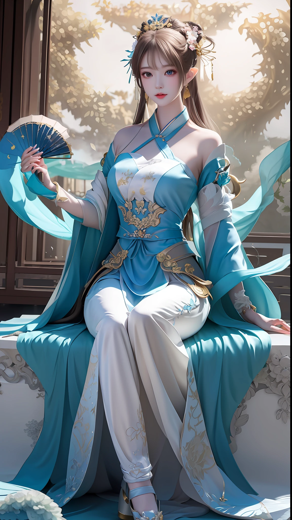 Alafi, dressed in blue, stands on the clouds with a fan, a beautiful fantasy empress, ((a beautiful fantasy empress)), Gorgeous Role Play, full-body xianxia, Golden Chinese dragon fantasy, beautiful and elegant elf queen, Palace , A girl in Hanfu, Anime goddess, fantasyoutfit, elegant glamourous cosplay, ornate flowing robes