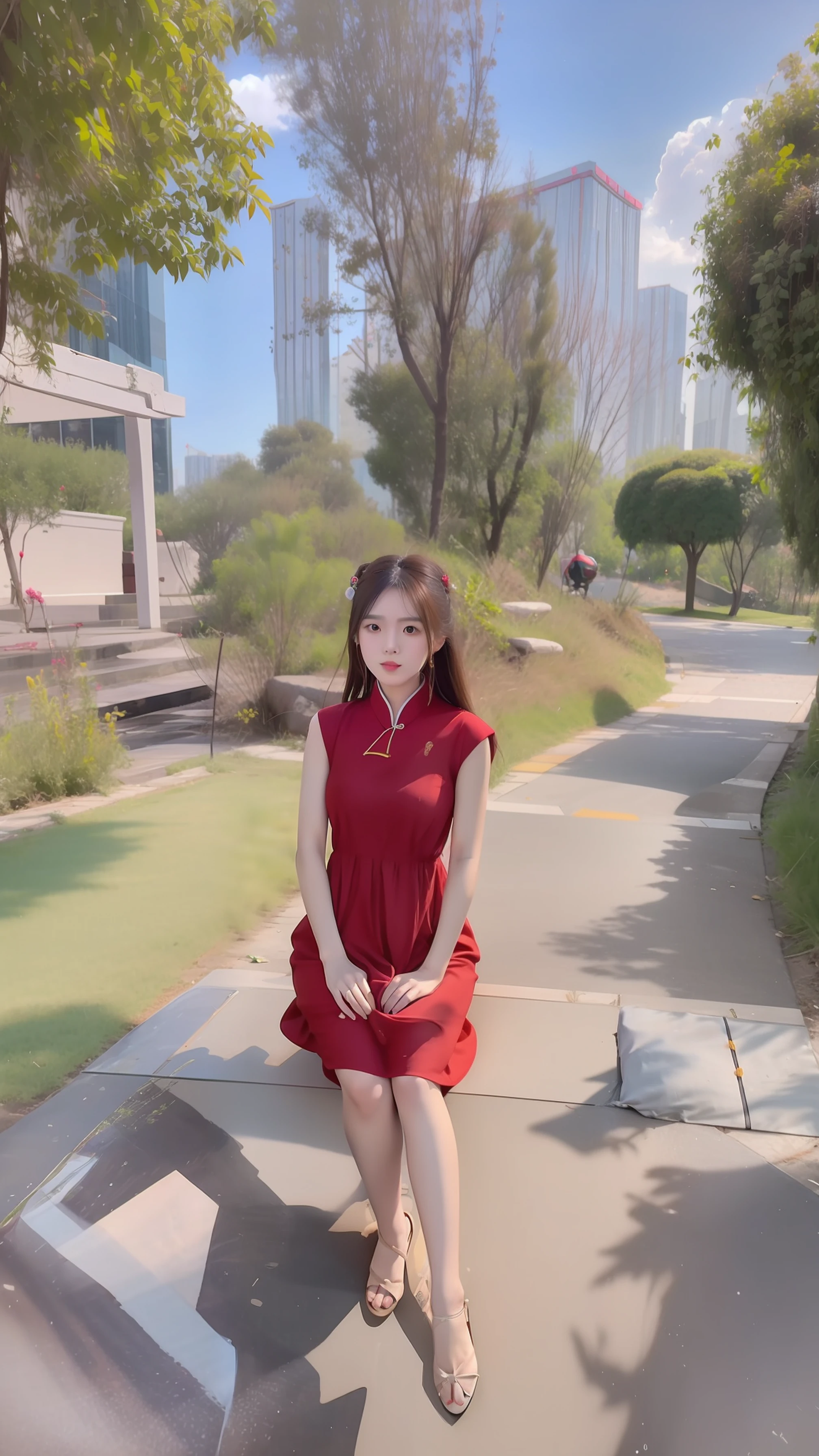 there is a woman sitting on a bench with a blue dress, palace ， a girl in hanfu, trending on cgstation, chinese fantasy, chinese girl, trending at cgstation, inspired by Lan Ying, chinese dress, artwork in the style of guweiz, inspired by Leng Mei, wearing a blue qipao dress, chinese style, beautiful digital artwork, replace the background with a Chinese atmosphere