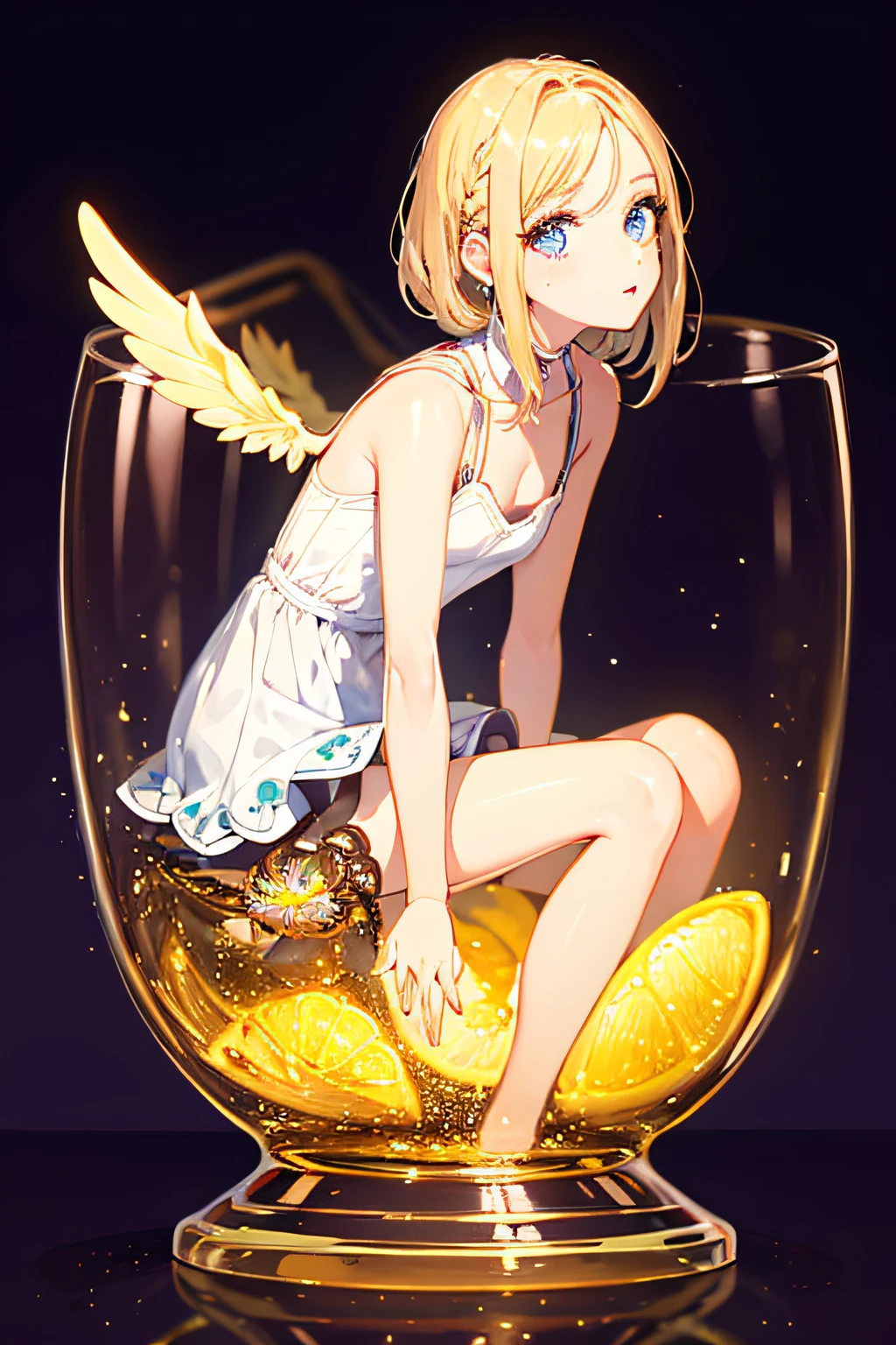 phgls, cup, in container, (masterpiece:1.6, best quality), (finely detailed beautiful eyes: 1.2), 1girl, solo, sitting, blonde hair, wings