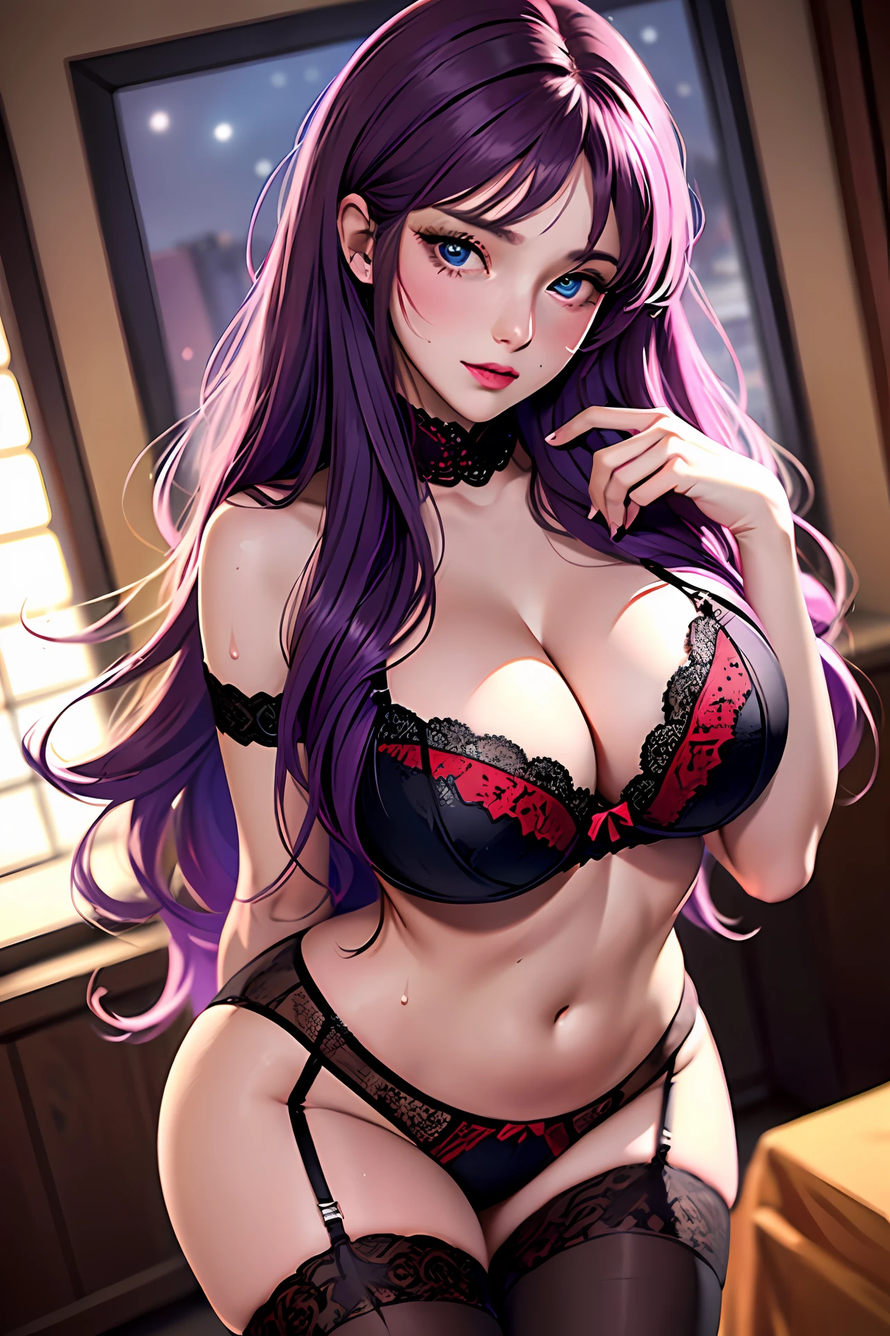 (best quality, Detailed background, depth of field, volumetric lighting, sharp focus, Absurdities) , 1girl, 25 years old, Huge breasts, Huge breasts, pretty face, long purple hair, Perfect detailed blue eyes, navel, cleavage, Thighs, blush , black lingerie (black 7/8 stockings, red lace garter belt, lace stockings), Looking at Viewer, (half photo: 1,3), Japanese room, evoked pose, hands behind back, ( sweating : 1.2), (Night: 1.2)
