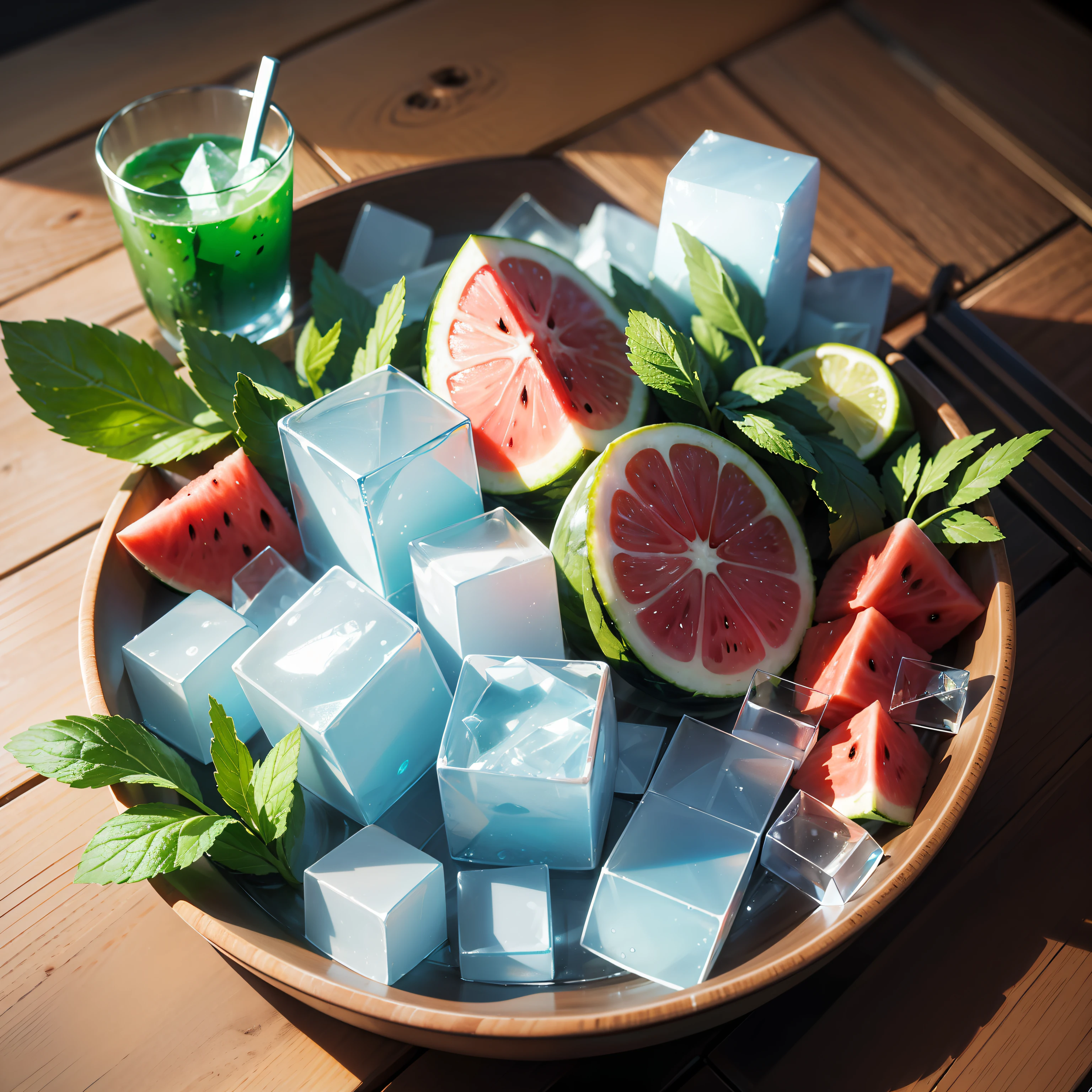 A glass of soda, frozen, frozen effect, on a wooden tray with pieces of watermelon, with mint leaves, cut small turquoise greens, with ice cubes, a few scattered ice cubes on a wooden board, super realistic Food pictures, full theme shown in photos,, Randy Post, hyper realistic &quot;, hyper realistic&quot;, high res photo