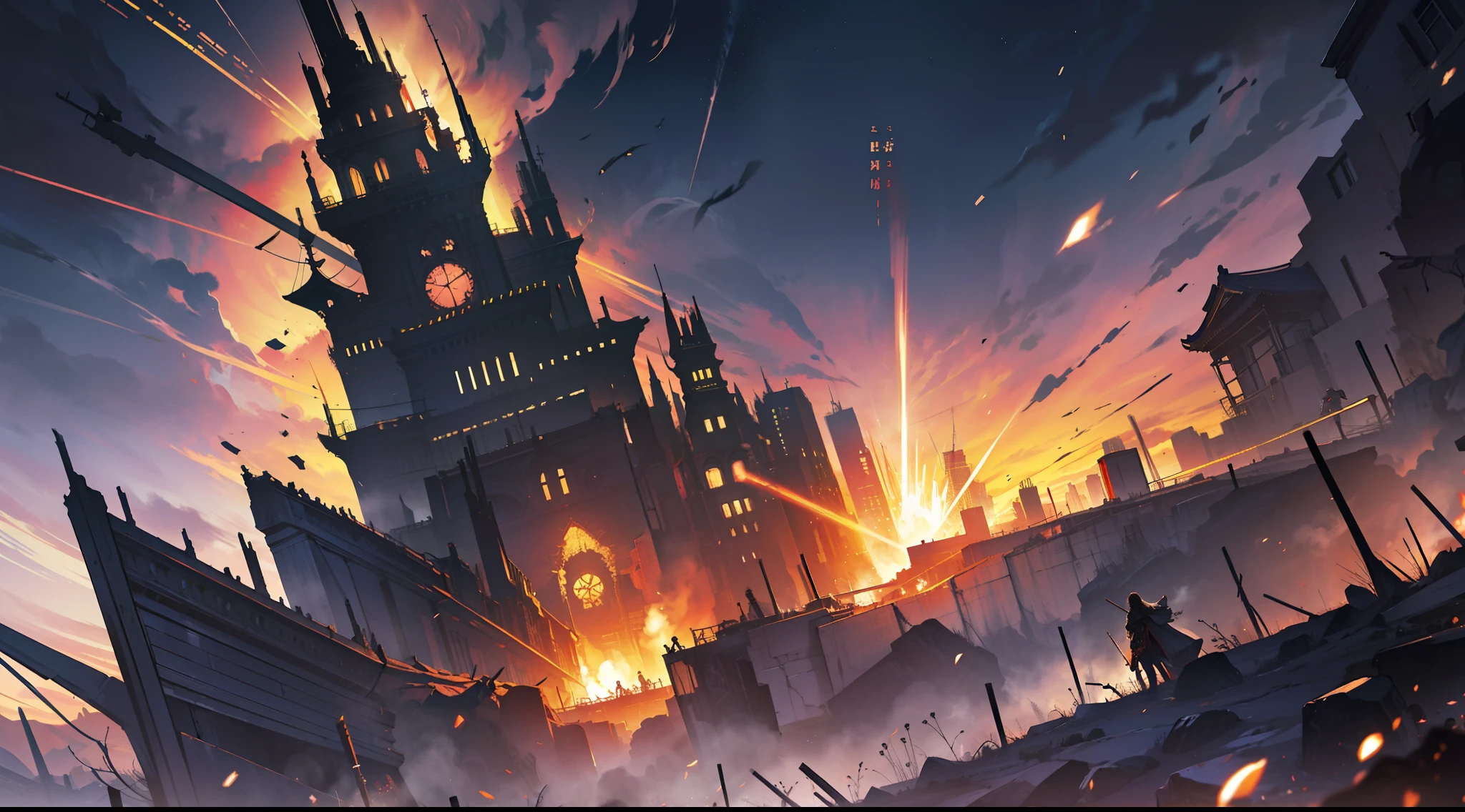 16k,Highest image quality,CG unity wallpaper with extreme details。The scene is hell,Darker tones,Describe ancient war scenes,A story from a long time ago,Fireworks are everywhere,The war is raging,Devastated scenes。