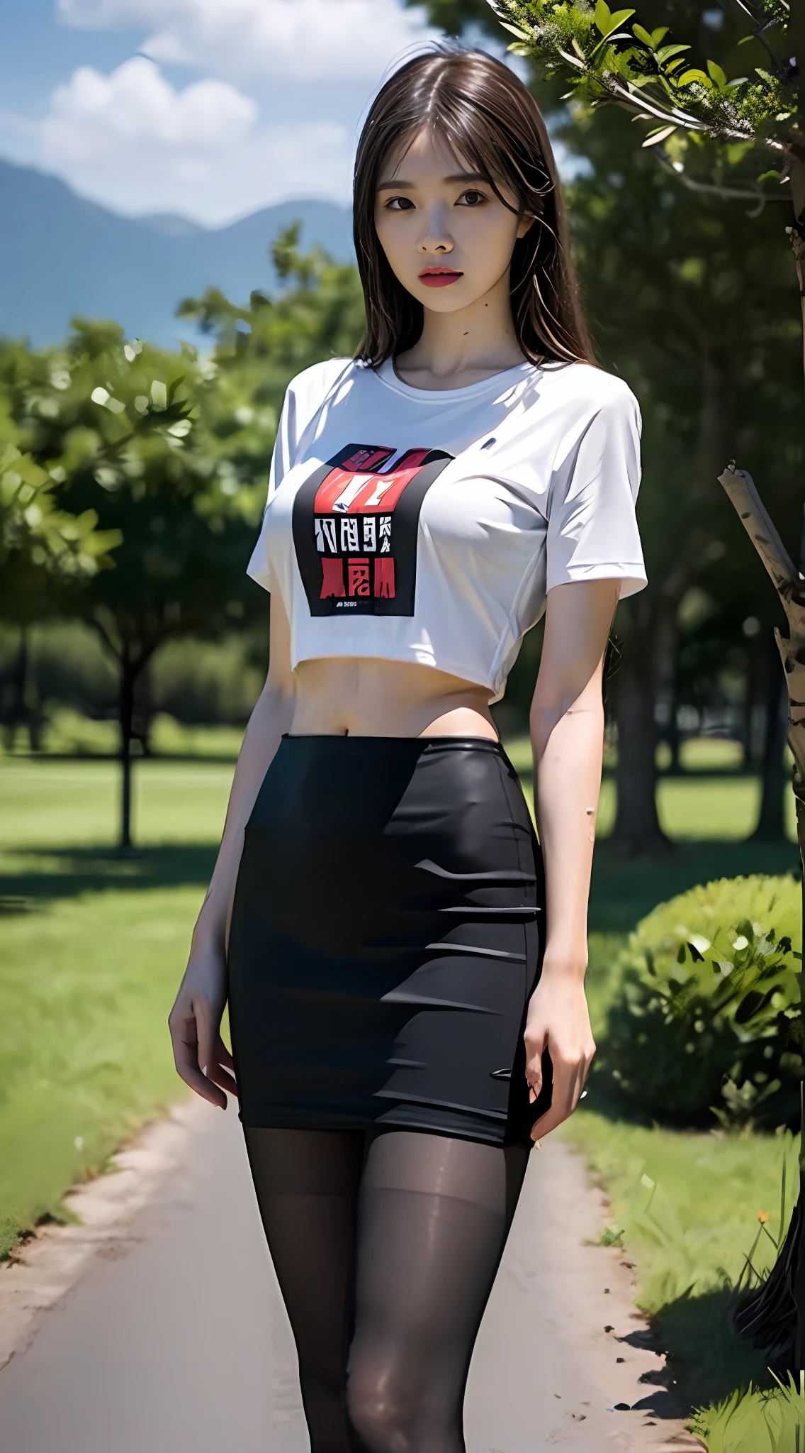 1girll,(Cloudy and rainy), (Wet clothes), (Wet clothes: 1.8), (best qualityer, tmasterpiece， 超高分辨率),(long leges:1.3), (Closed mouth), (long whitr hair:1.2), (fully body photo:1.2), (Crop top T-shirt:1.3), (Black pencil skirt:1.2), (Black pantyhose:1.2), (arms at sides:1.3), exteriors, (tree:1.2), (mont:1.2),Busty, Dynamic pose, vivacious and seductive,(Girls Standing:1.2), (slenderness), (Slender legs), Shiny skin, (facingviewer),