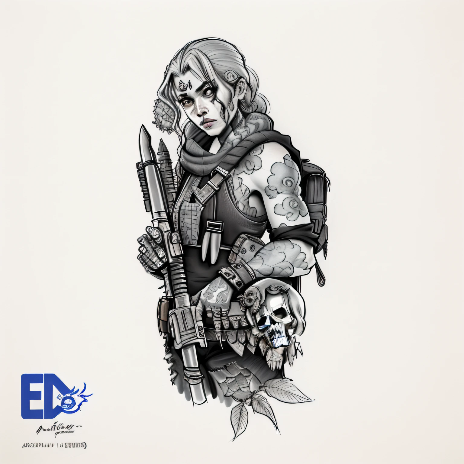 desenho de uma menina com uma arma e uma caveira, Directed by: Eddie Mendoza, arte detalhada limpa, detailed outline, official character illustration, tattoo sketch, design de tatuagem conceitual, full art illustration, medium sized tattoo sketch, tattoo design sketch, design de tatuagem, arte conceitual do trabalho de linha, digital com tinta, epic pencil illustration, trabalho de linha extremamente detalhado, menina da infantaria, Highly detailed sketch