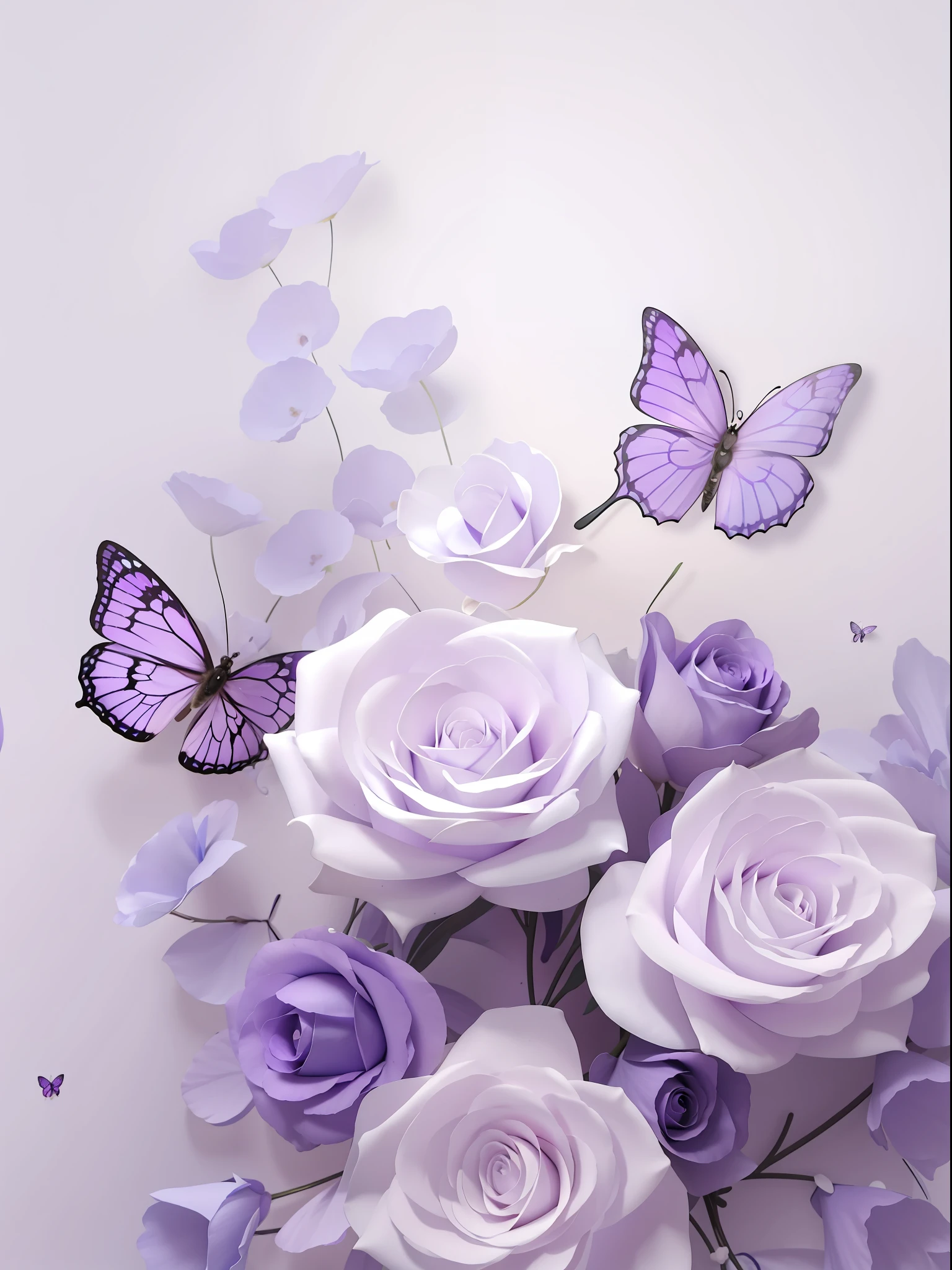 Purple roses and small insects lined up on white background, flowers and butterflies, elegant flowers, white and purple, shades of purple, Purple flowers, Beautiful artwork, personal profile picture, purple color-theme, violet theme, purpleish color, Butterflies, purple color-theme, soft purple glow, detailed flowers, Beautiful flowers, Lilac, Butterfly, rosette, pastel purple background, purples