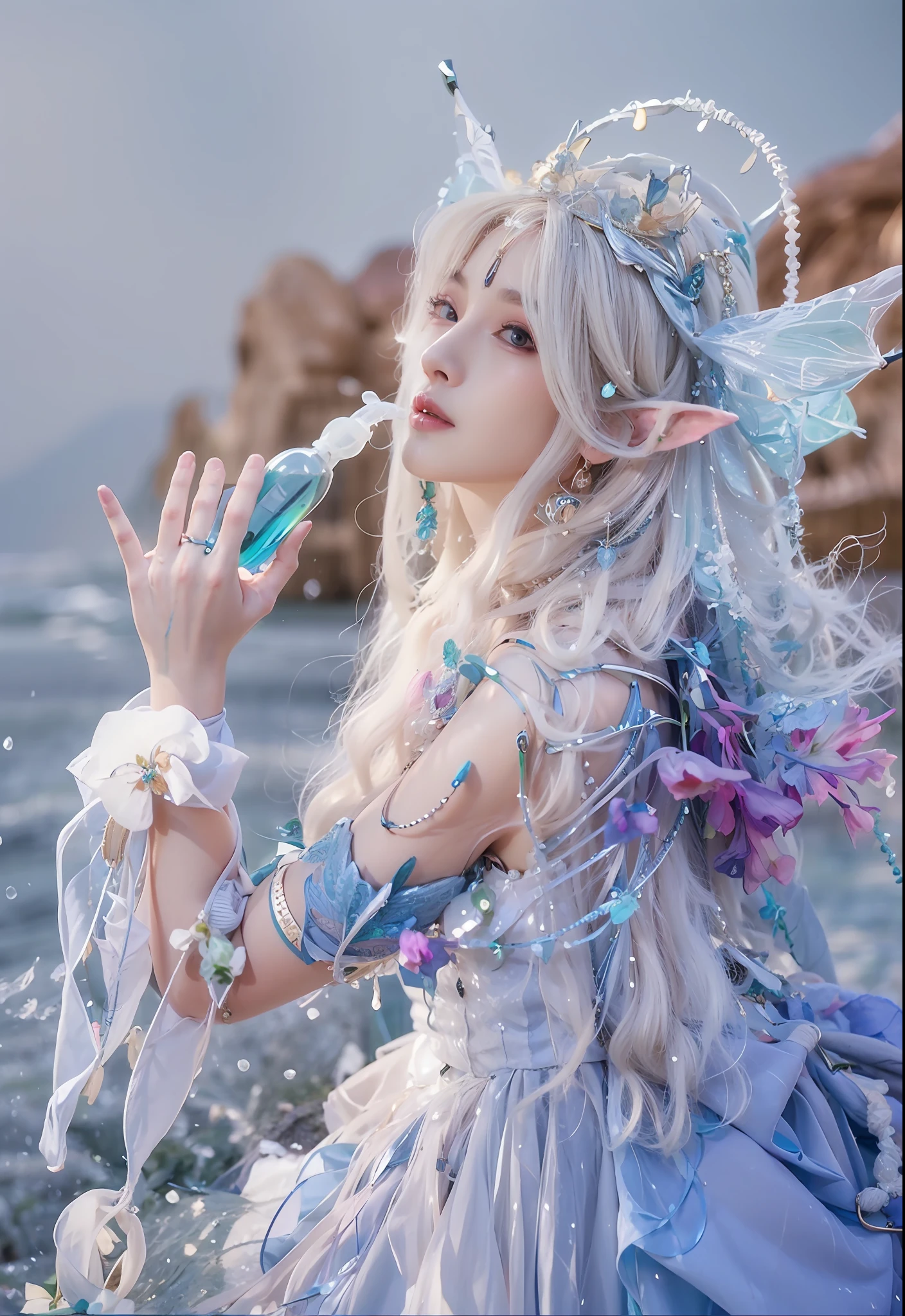 there is a woman dressed in a fairy costume holding a bottle, water fairy, closeup fantasy with water magic, ethereal fantasy, fairy aesthetics, astral fairy, beautiful and elegant elf queen, ethereal fairytale, beautiful ancient frost witch, fantasy aesthetic!, fairycore, anime cosplay, ethereal beauty, fantasy art style, anime girl cosplay, of ethereal fantasy, beautiful fairy