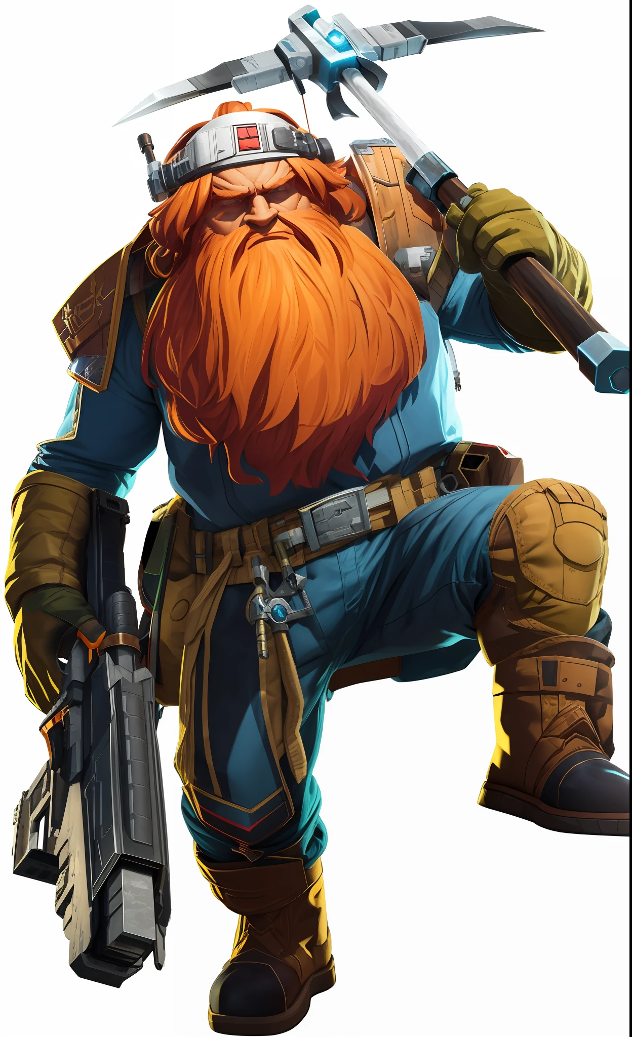Space Dwarf, Red-bearded, Stern face, Green eyes, holds a pickaxe in one hand, holds a blaster in his other hand, 3D, 4K, hyper-detailing, hyper realisitc