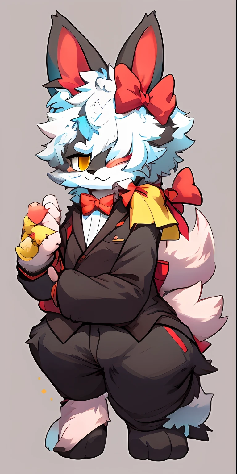 edgBunny,shaggy,With a bow tie,Gray,Yellow pattern,Blue-white hair,