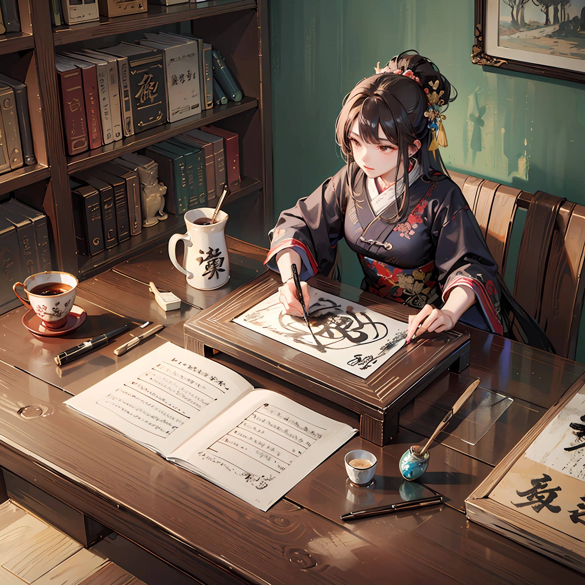 Pen with brush 1 brush,On a table,Masterpiece,Wooden plank table,Calligraphy scene,Chinese scene,Chinese brushes,Chinese calligraphy