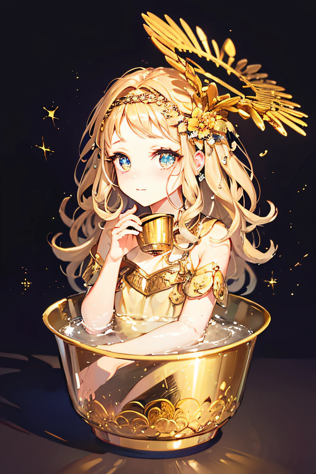 phgls, cup, in container, (masterpiece:1.6, best quality), (finely detailed beautiful eyes: 1.2), 1girl, solo, sitting, blonde hair, wings