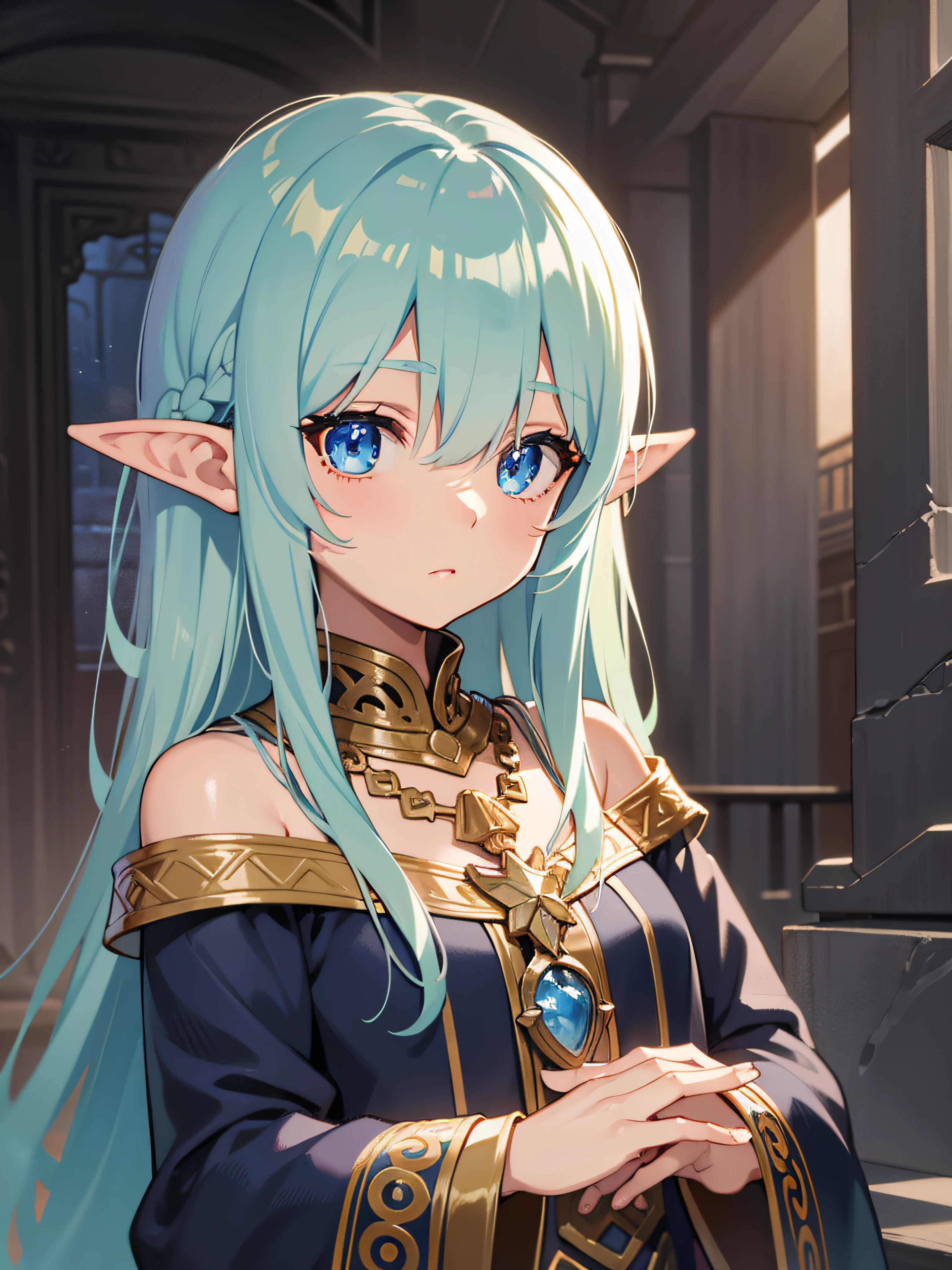Brown-skinned:5.0、elvish、Fantasia、blue eyess、very long bangs、hair over eyes、silber hair、Wooden interior