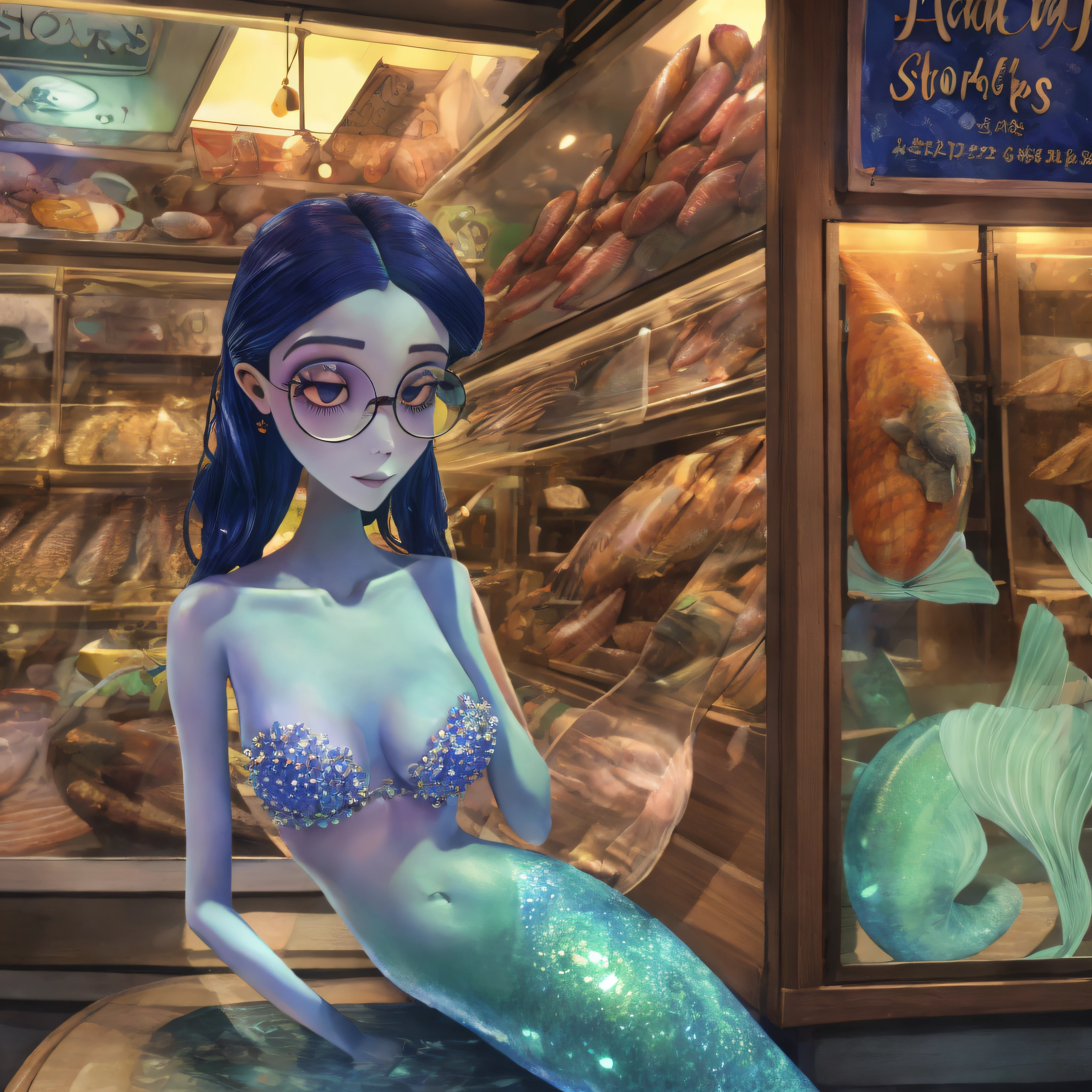 Finest quality、very high res、Beautiful black hair woman wearing glasses、mermaids、Mermaid displayed in front of a fishmonger's storefront、Vibrant colors、Draw clear contour lines in the highest quality, combining transparency and style