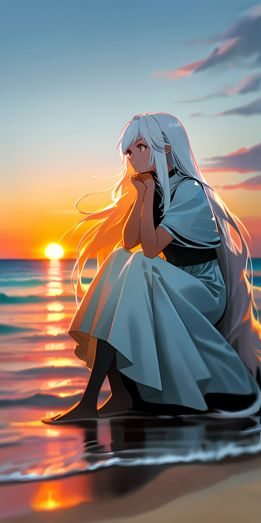 1 girl with long white hair sitting on the beach，Place your hands under your chin，warmly lit，white dresses，Blurred foreground，beachside，the sunset，evening light，teens girl，white skinned，quadratic element