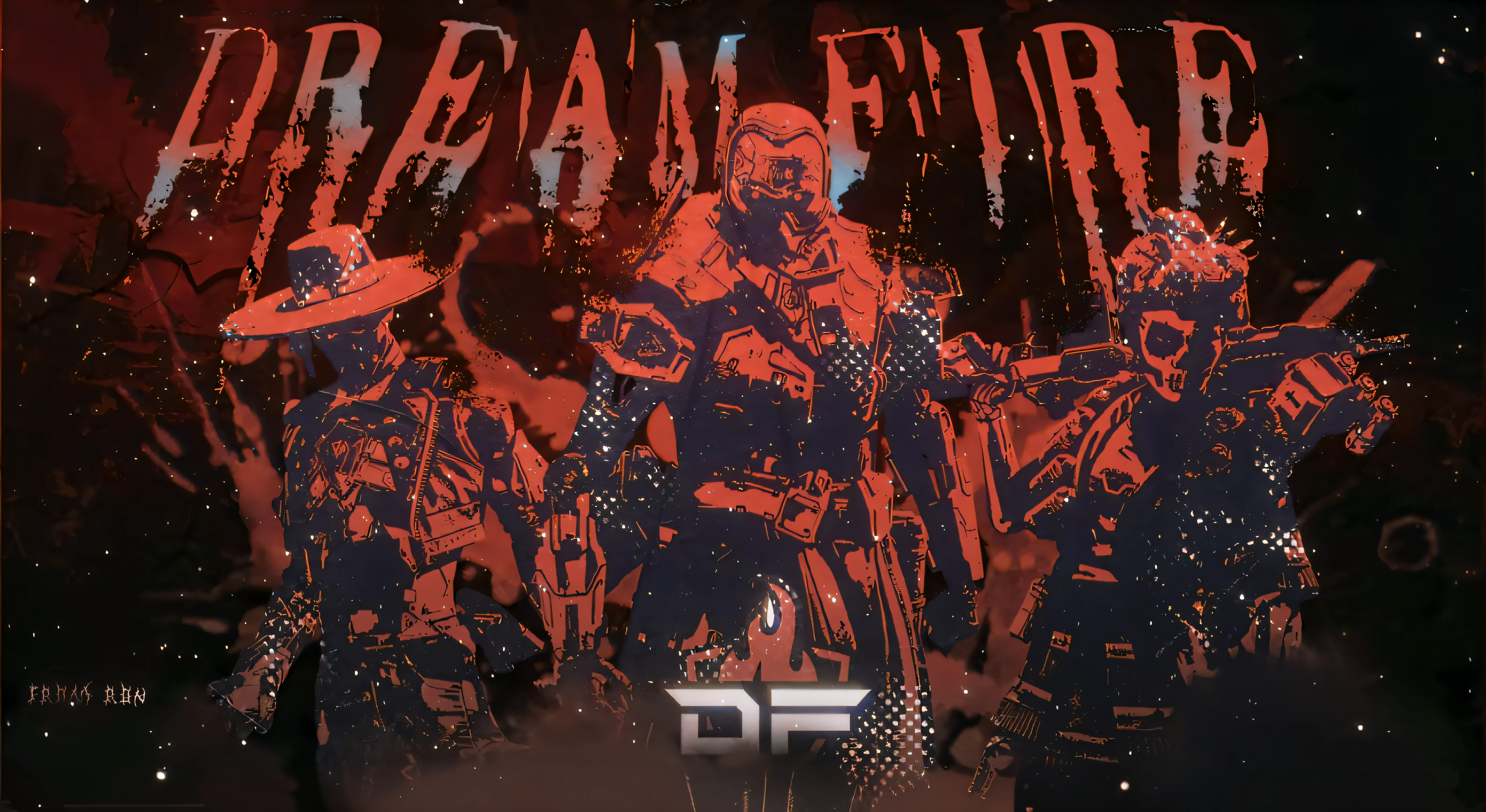 There were four people standing in front of a sign,It says Dream Fire, tactical team in hell, Hellfire background, fps game concept, fps game concept art, fps game, furaffinity!!!!, Furan affinity trends, loadscreen”, 《Doom》Timeless art style, the fire, Fire fighting, Under heavy artillery fire, black fire color reflected armor, furaffinity
