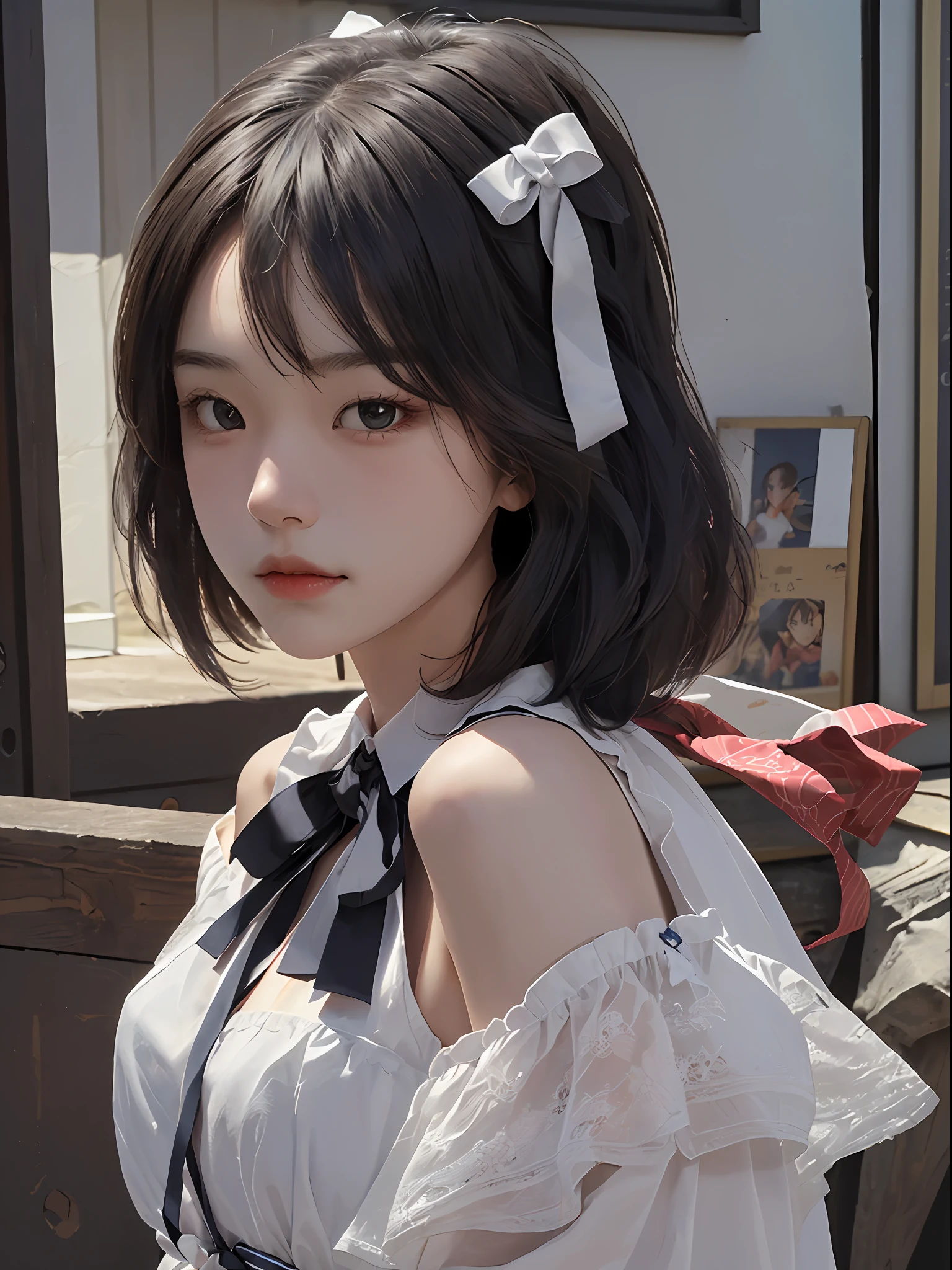 top-quality、​masterpiece、超A high resolution、(Photorealsitic:1.4)、1girl in、shoulder、enticing、looking in camera、(((shorth hair)))、((Large ribbon))