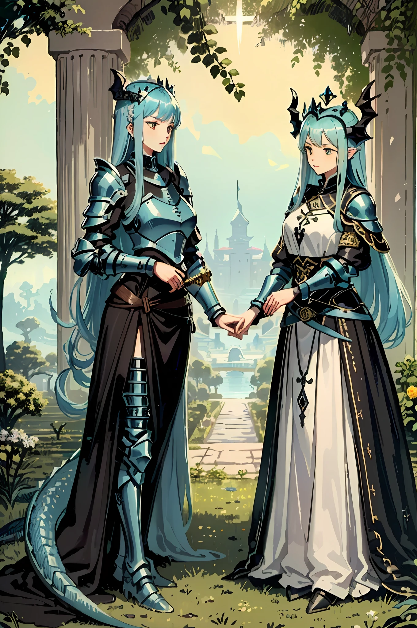 Delicate cyan heavy armor，Long hair and waist，Black clothes，Beautiful Dragon Princess，Holy sword in hand，Splendid palace，Lush planting of trees