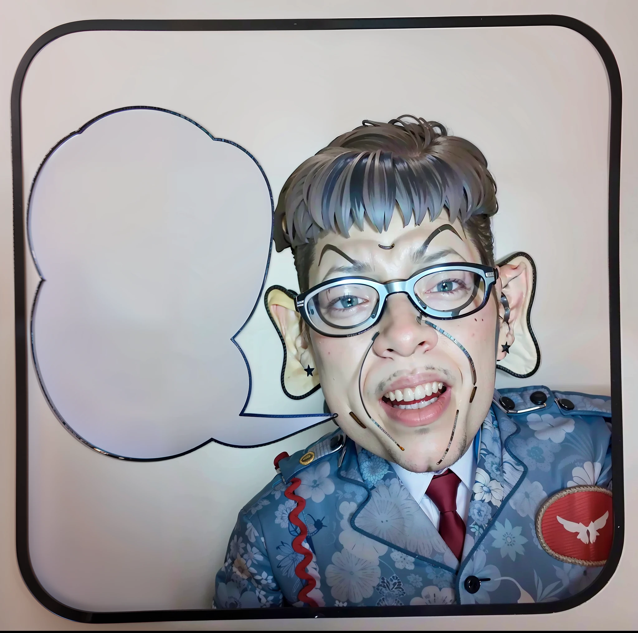 de pele branca、Brown hair、wide forehead、Corrugated mouth、Black tabby glasses、Black eyes、Dark blue uniform、Red V-shaped patch on left chest、red necktie、Depiction of realistic people、Japan man's face