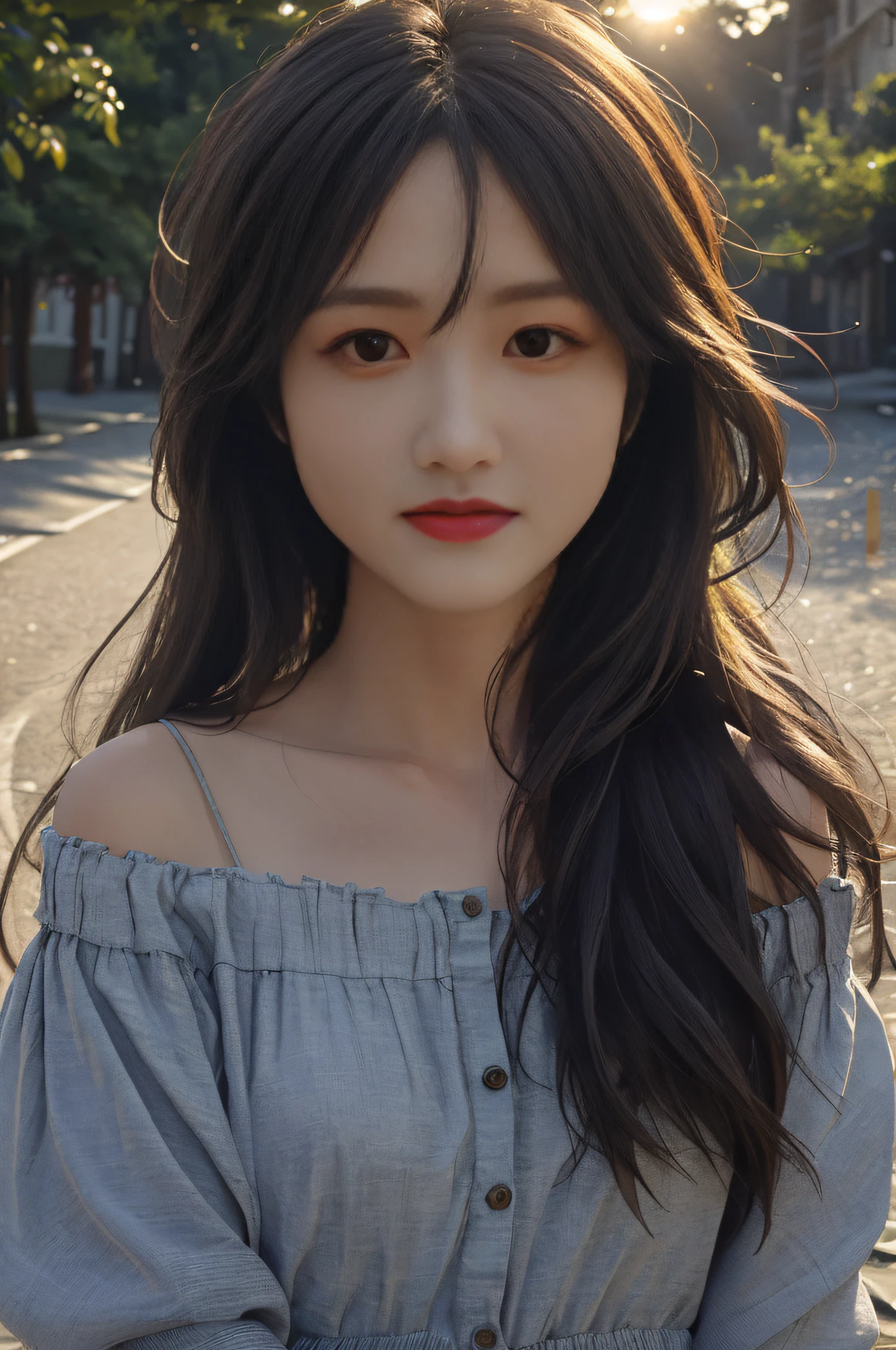 Best quality,masterpiece,ultra high res,(photorealistic:1.4),1girl,shoulder,charming,Looking at the camera,Sense of level,Three-dimensional facial features,sunshine,Long hair,