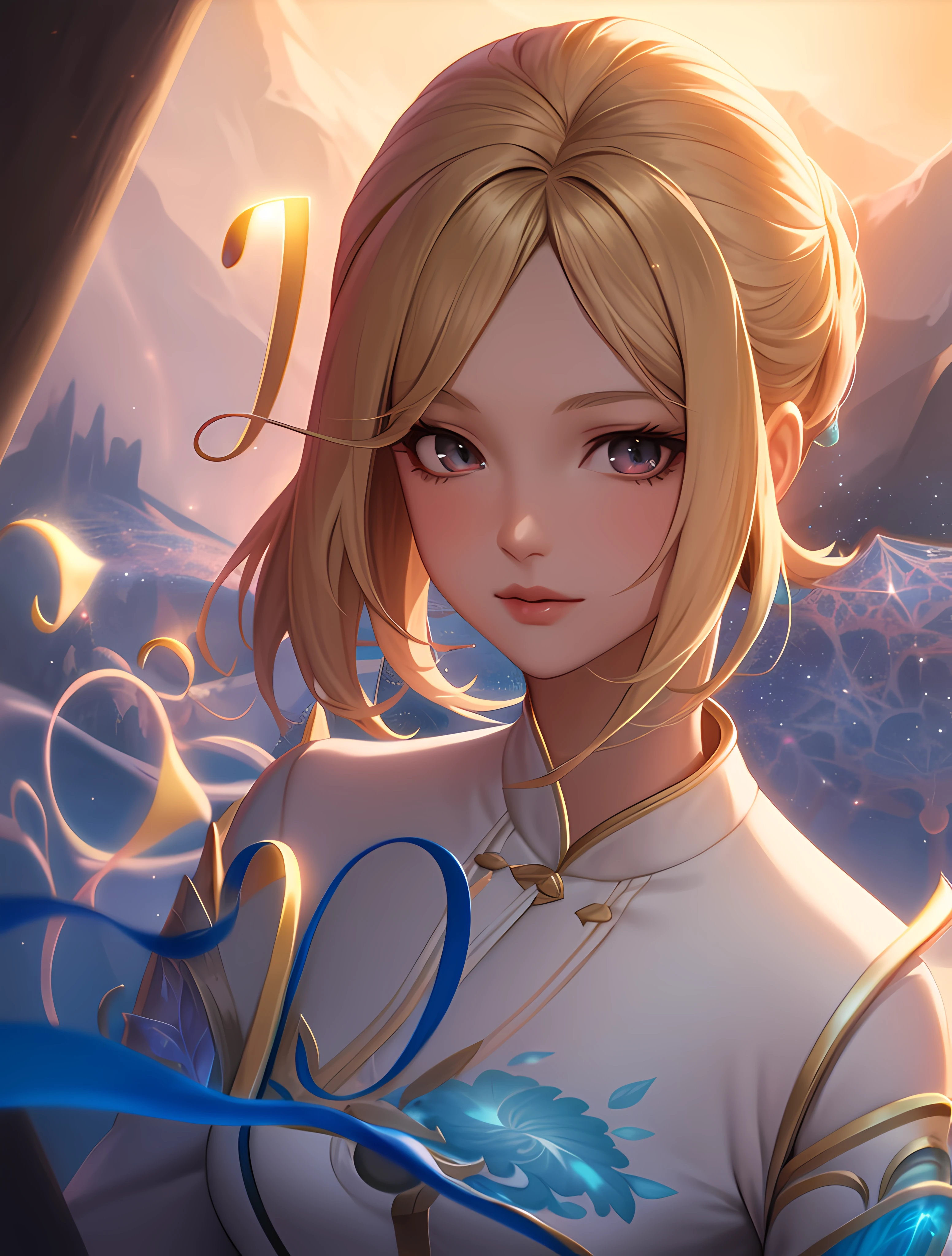 stunning delicate anime art, fantastical, (1girl:1.4), best quality, 4k resolution, ink flow, (fractal art:1.3), blonde hair, ponytail, dreamy, shimmer, fantasy, magic, dynamic lighting,