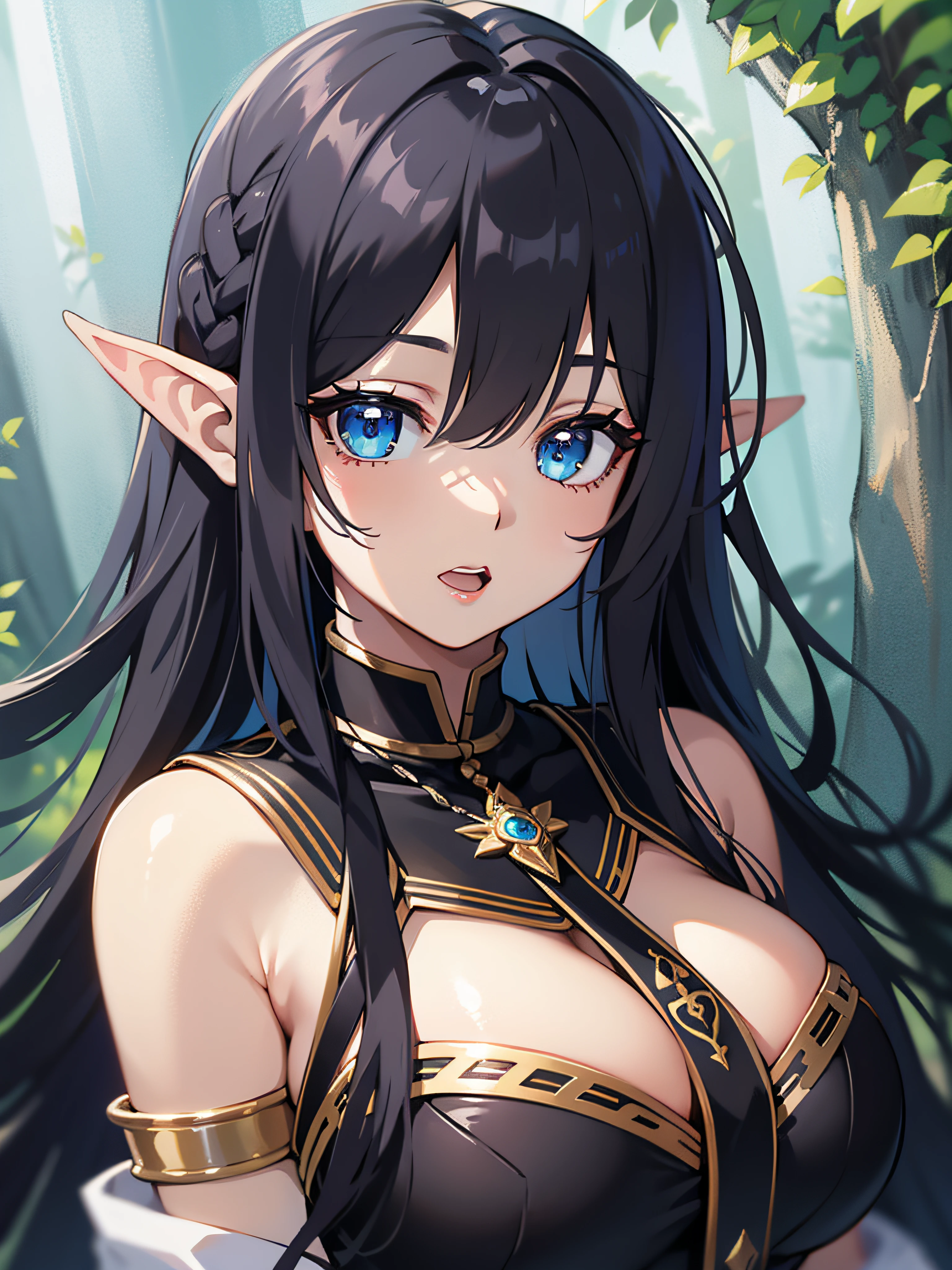 Black skin color:5.0、elvish、Fantasia、blue eyess、very long bangs、（hair over eyes）、silber hair、Majestic nature、ridiculously large breasts、Priest、slit