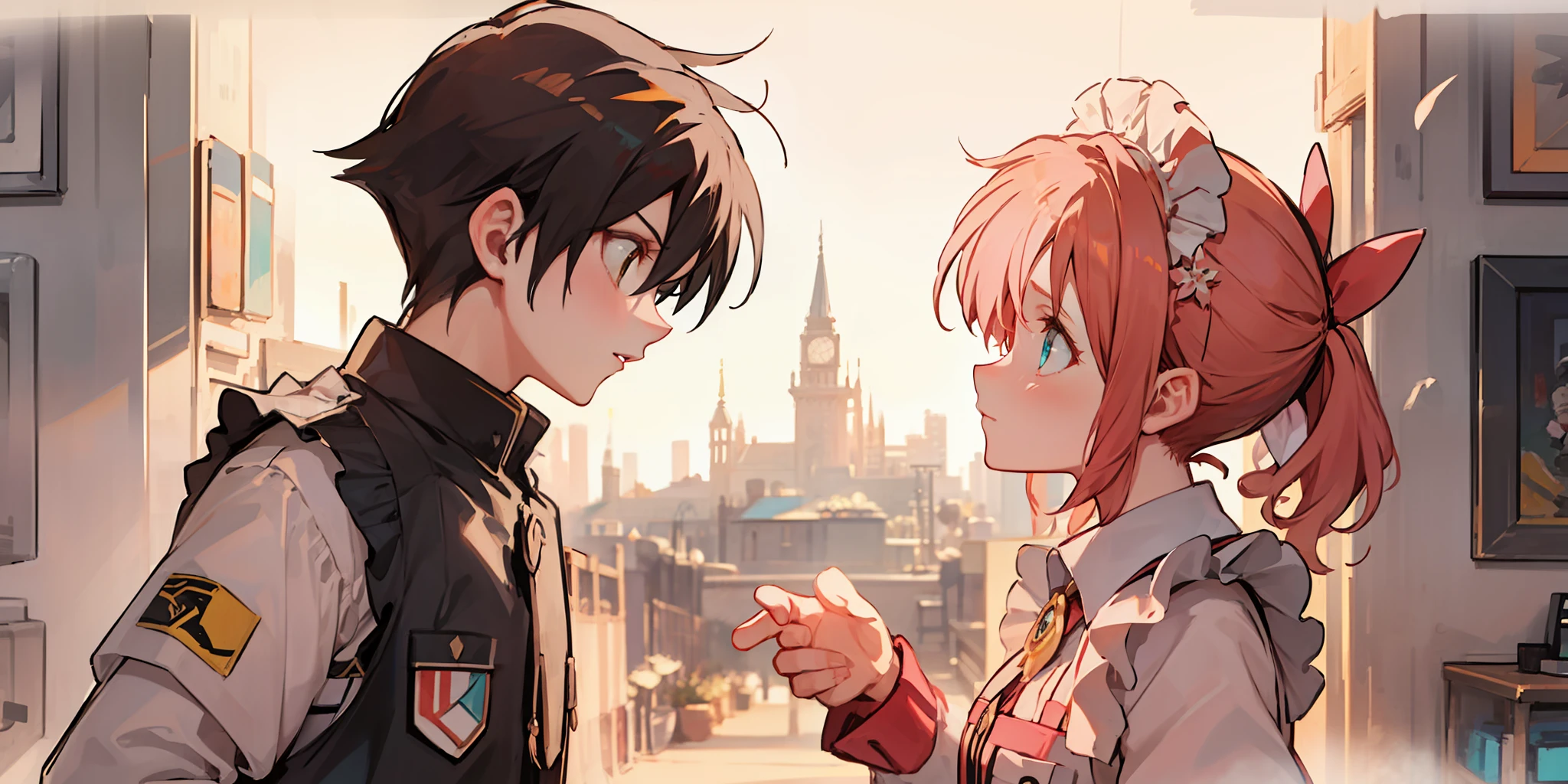 intense eye contact, romantic, intimate atmosphere,castle,girl in maid outfit and yellow ponytail and turquoise eyes,boy with short black hair,shy,wear black vest (girl:1.2+boy:1.1) look at each other, intense emotions)